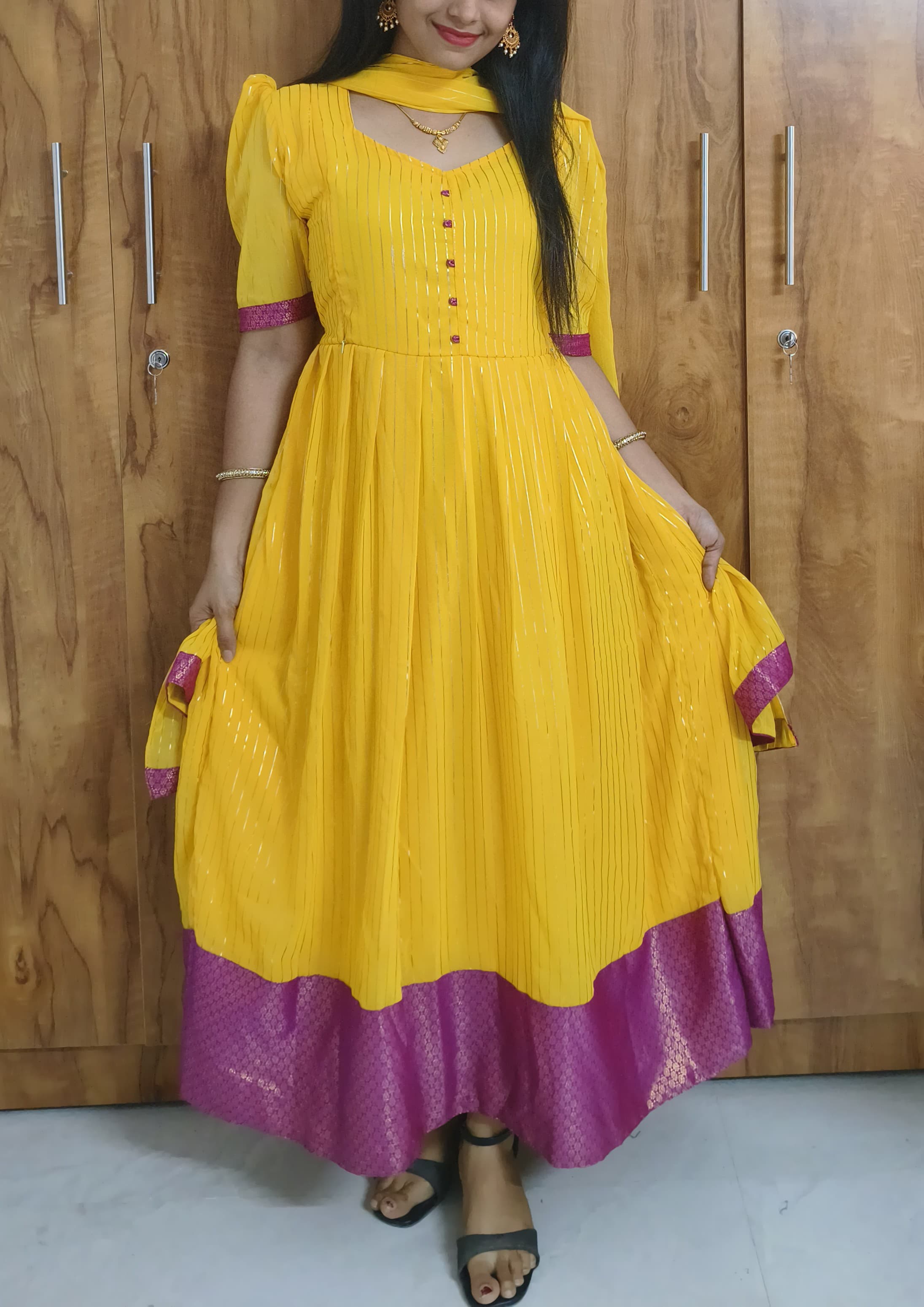 Georgette Pink Banarasi Feeding Dress with Golden Lines & Crepe Lining