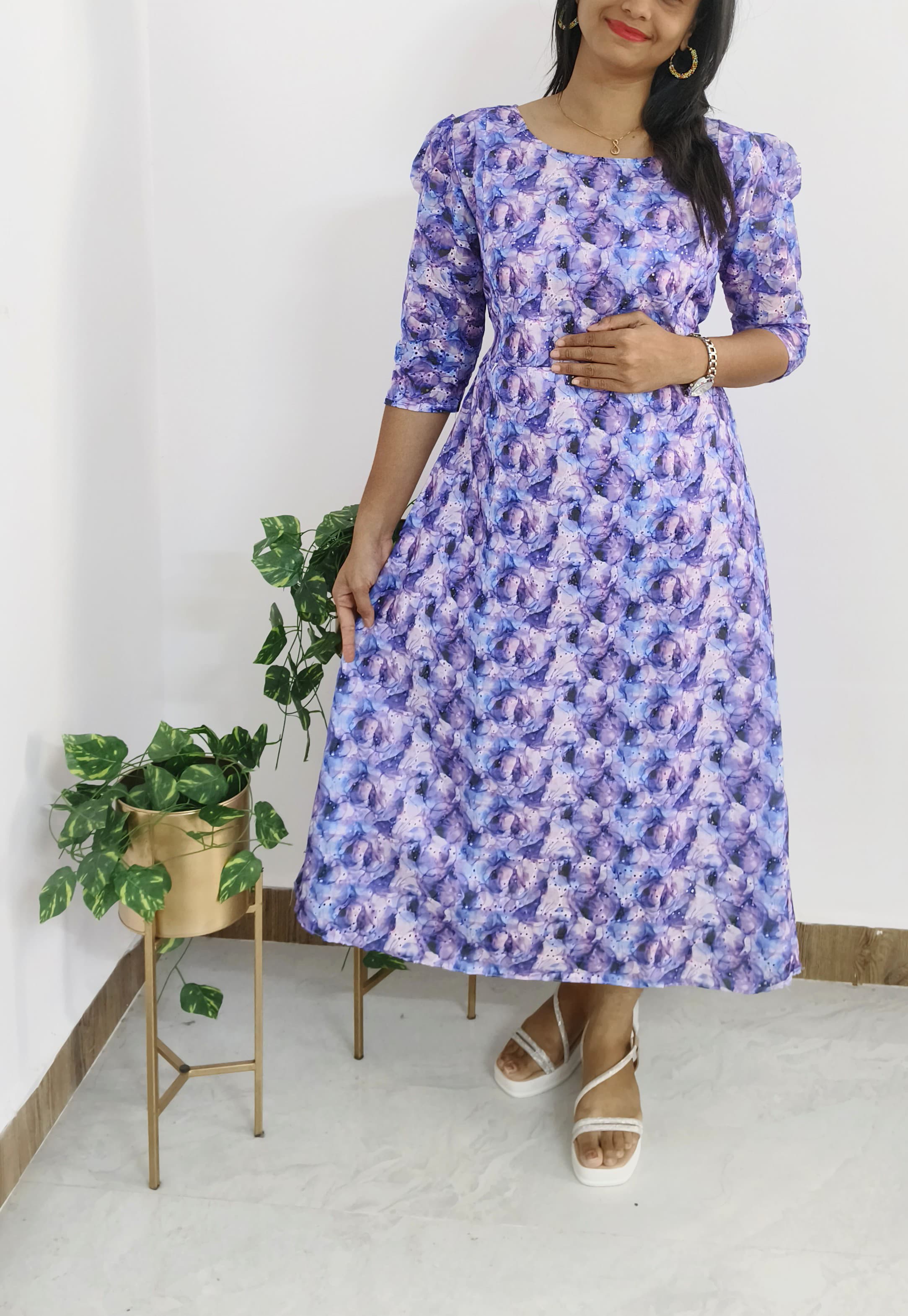 Anbarasi: Feeding-Friendly Cotton Hakoba Dress with Invisible Side Zips – 3/4 Puff Sleeves, Back Tie, Overlock Finish, Cotton Lining, Sizes S to XL