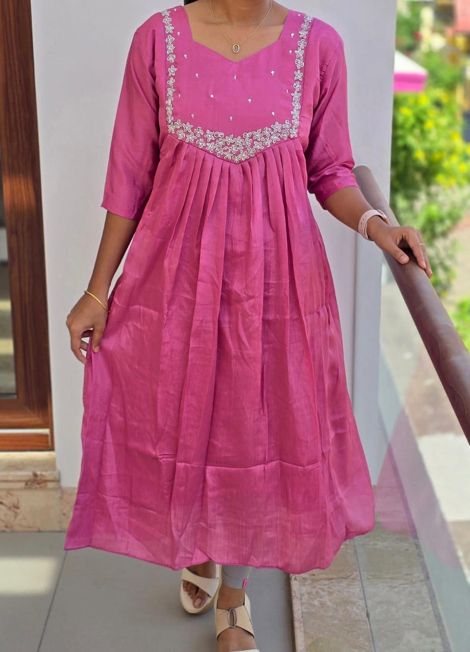 Anbarasi: Vichitra Silk A-Line Kurtis with Heavy Handcrafted Neck Work | Full Lining | 45-inch Height | Sizes S to XXL