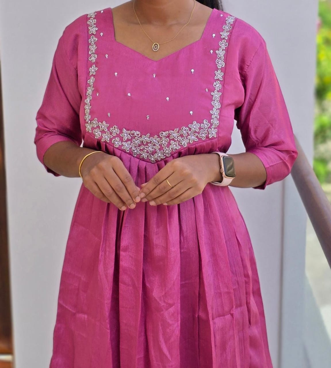 Anbarasi: Vichitra Silk A-Line Kurtis with Heavy Handcrafted Neck Work | Full Lining | 45-inch Height | Sizes S to XXL