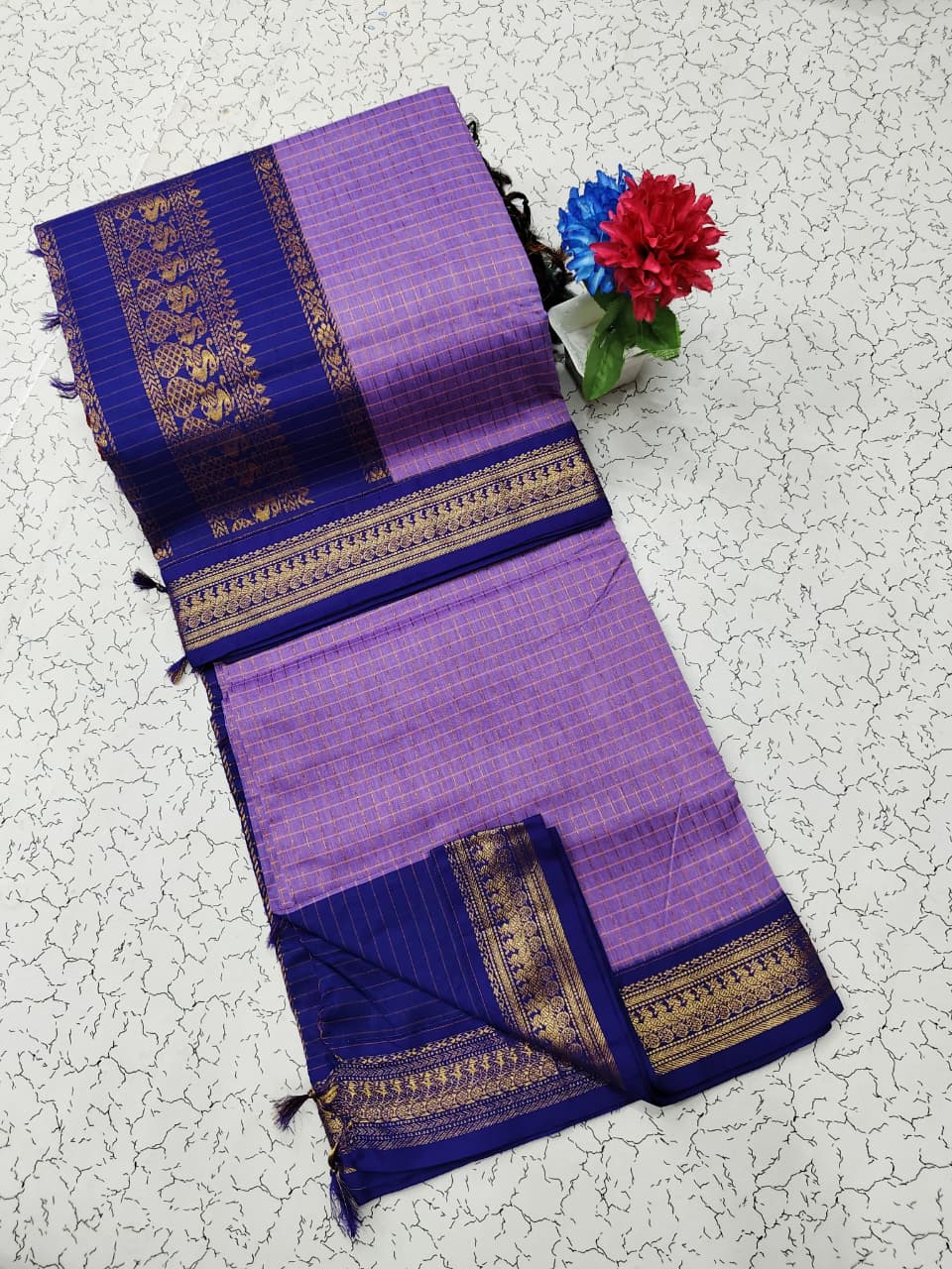 Premium Kalyani Cotton Checked Saree with Grand Jari Pallu