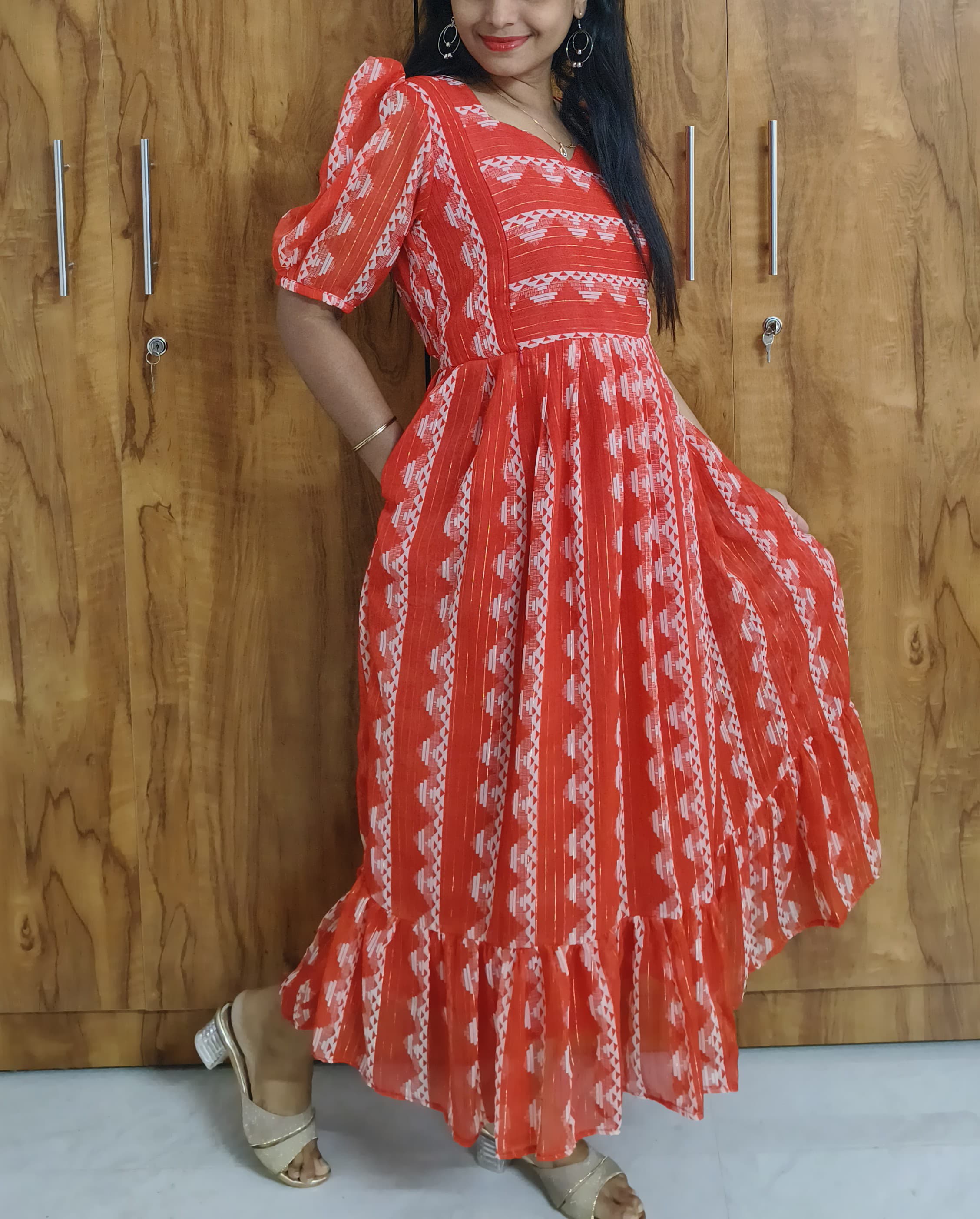 Xmas Red Georgette Feeding Dress with Pocket & Invisible Zips