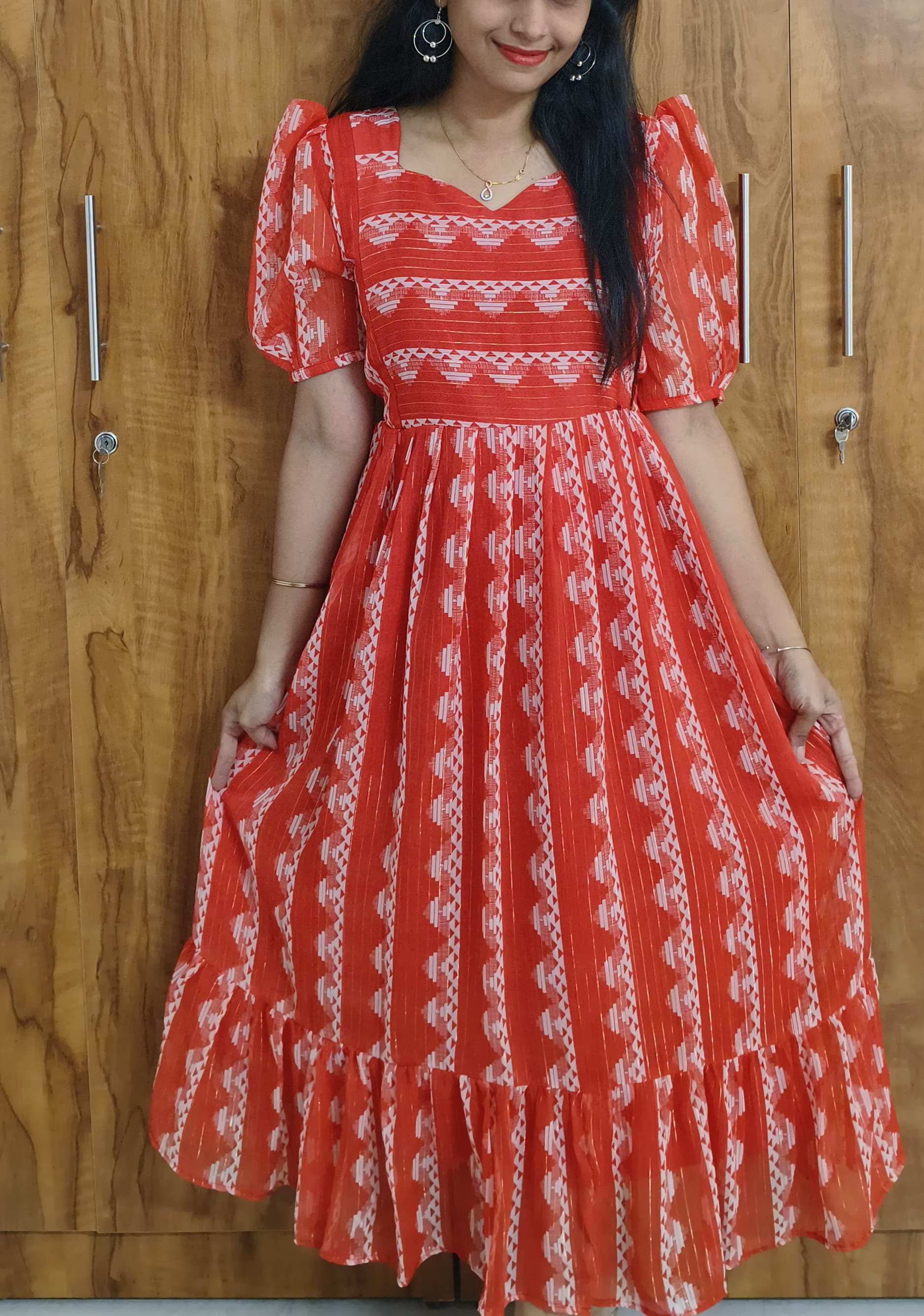 Anbarasi: Xmas Red Georgette Feeding Dress with Pocket & Invisible Zips