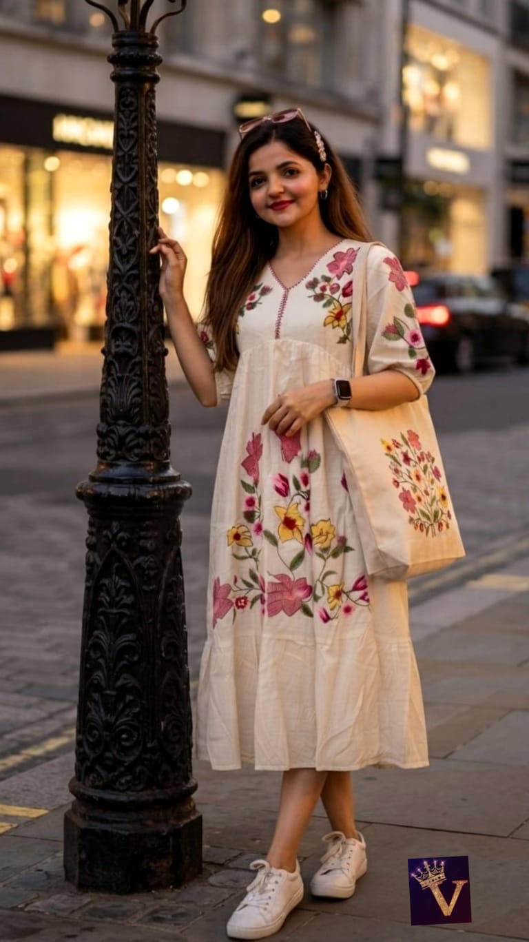 Mull kora cotton long semi flair thread embroidery kurti
