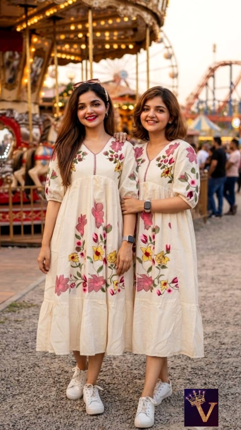 Anbarasi: Mull Kora Cotton Long Semi-Flair Thread Embroidery Kurti