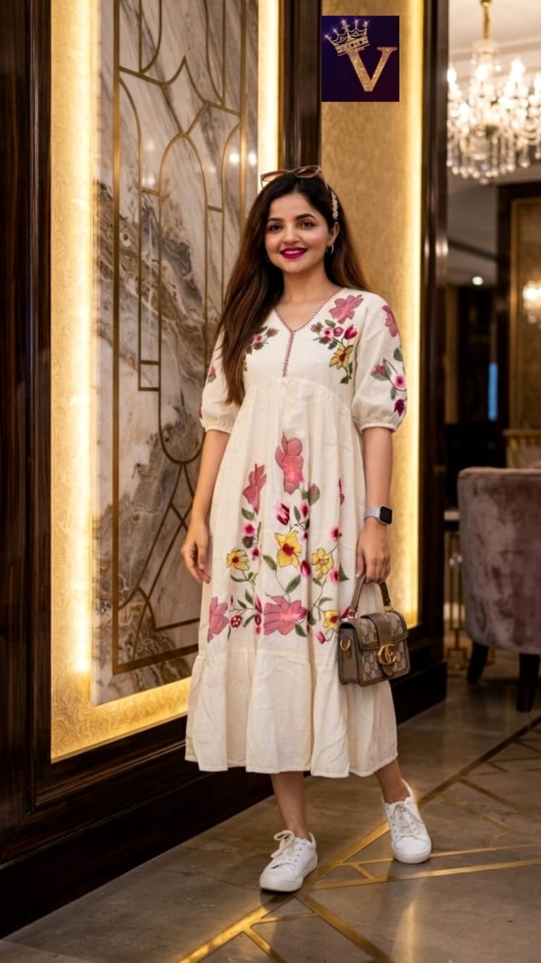 Anbarasi: Mull Kora Cotton Long Semi-Flair Thread Embroidery Kurti