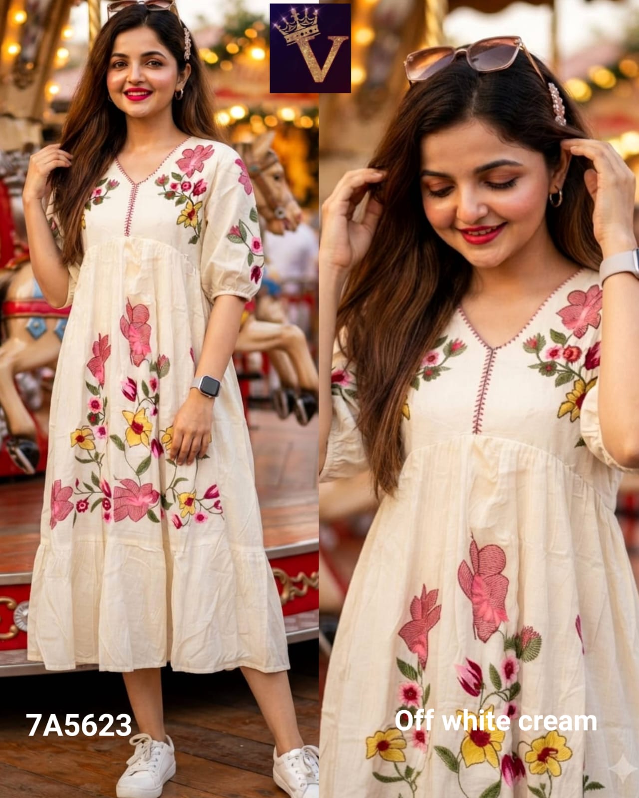 Anbarasi: Mull Kora Cotton Long Semi-Flair Thread Embroidery Kurti