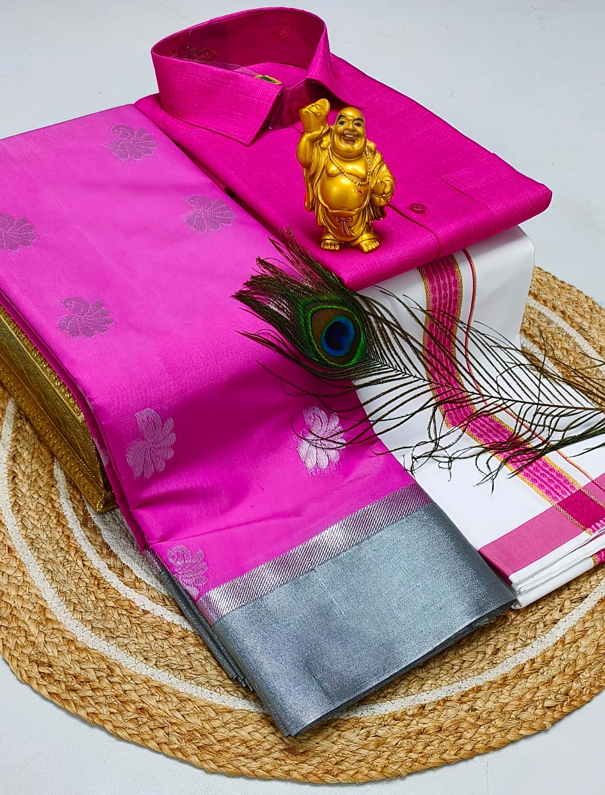 Ellampillai soft silver silk cotton sarees & Cotton dotis,shirt as combo