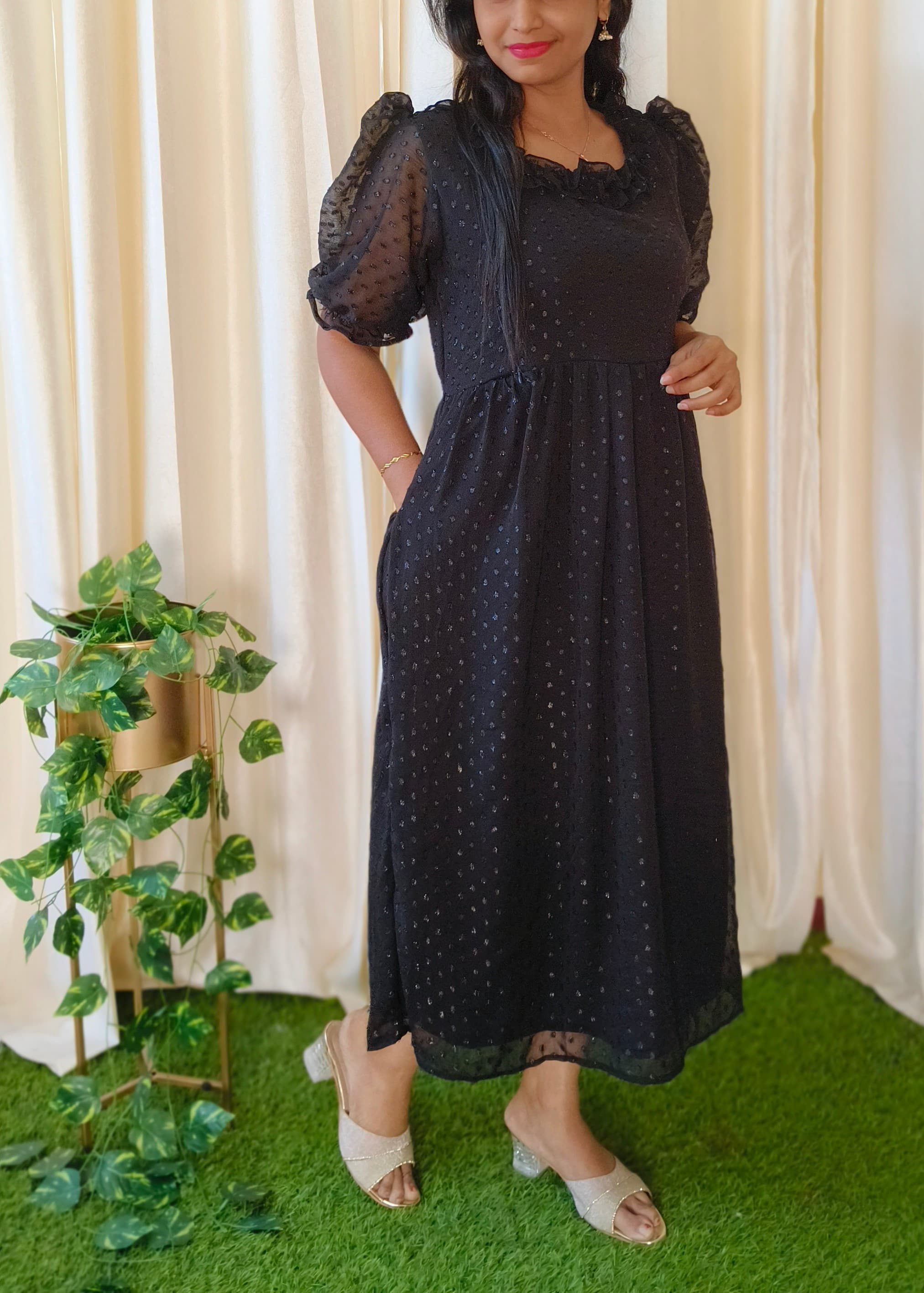 Anbarasi: Feeding Maternity Dress in Georgette Chiffon Glitter | U Neck, Puff Sleeves, Side Pocket, Invisible Zips | Sizes S-XXL