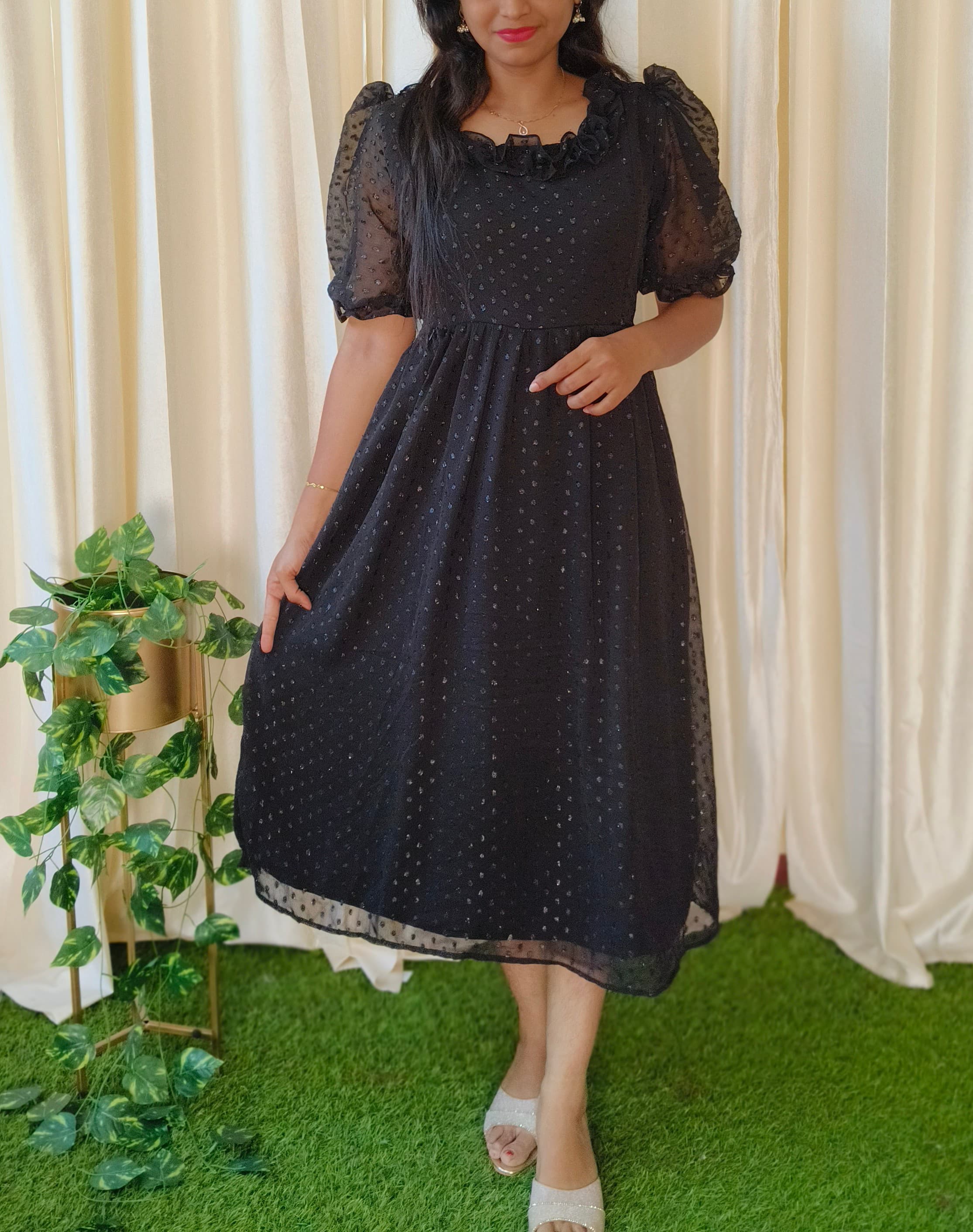 Anbarasi: Feeding Maternity Dress in Georgette Chiffon Glitter | U Neck, Puff Sleeves, Side Pocket, Invisible Zips | Sizes S-XXL