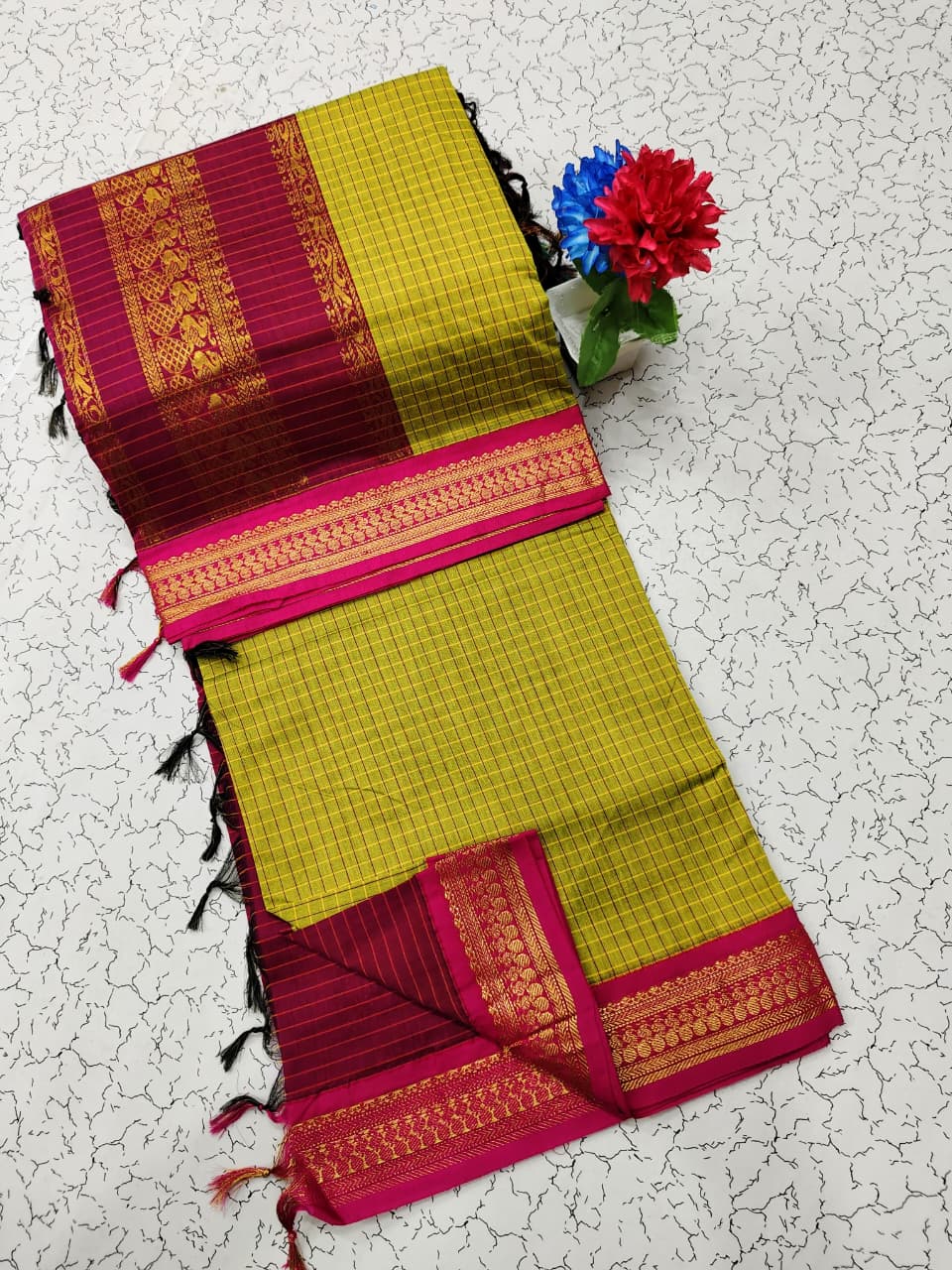 Premium Kalyani Cotton Checked Saree with Grand Jari Pallu