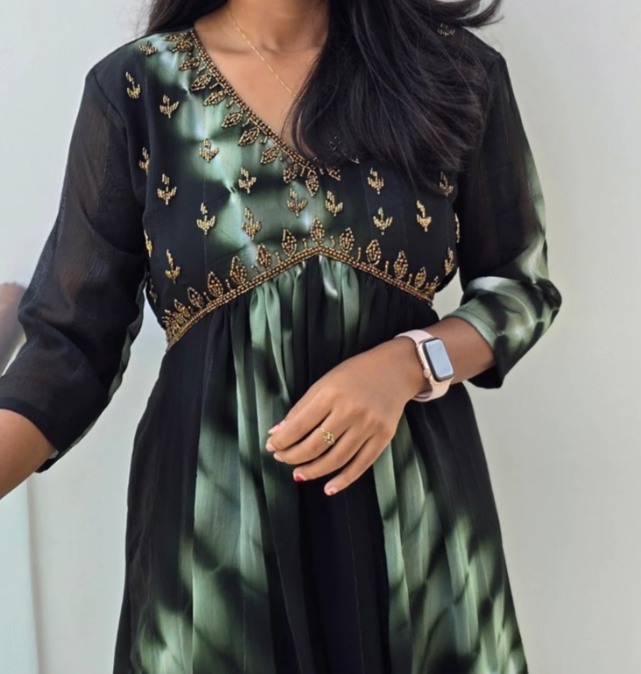 Anbarasi: Aliya Cut Shibori Kurti with Heavy Handwork | 3/4 Sleeves, 46 Inch Length | Sizes S to XXL