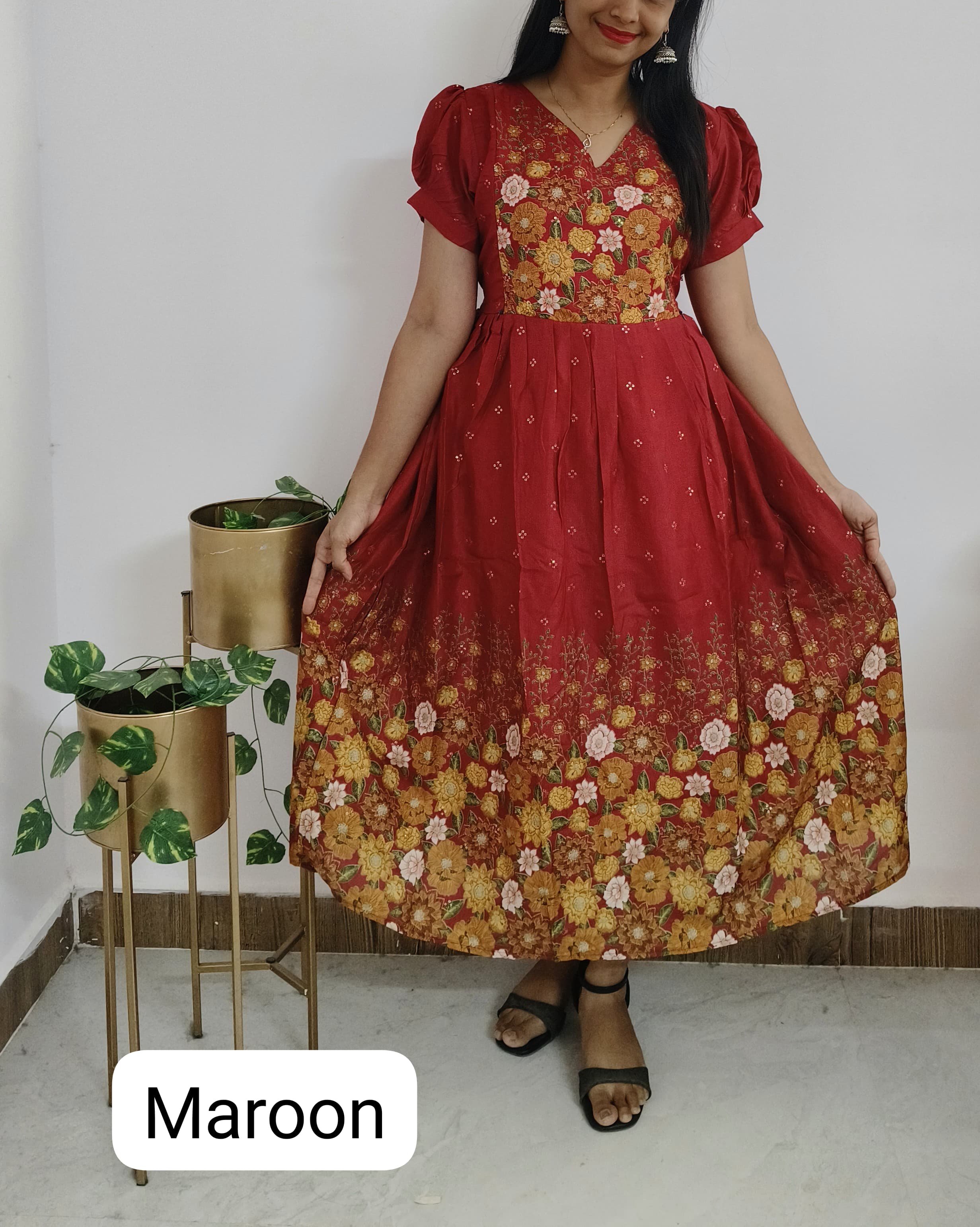 Vichitra Silk Feeding Dress with Sequins & Invisible Zip Closure