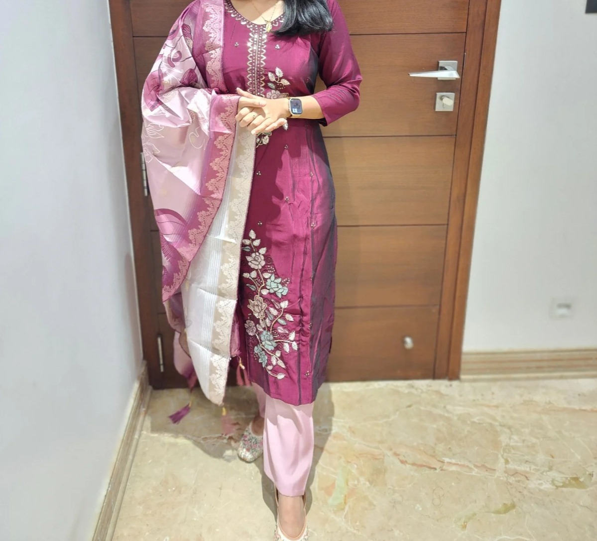 Elegant Vichitra Silk Salwar Set for Women | Kurti, Pant & Dupatta