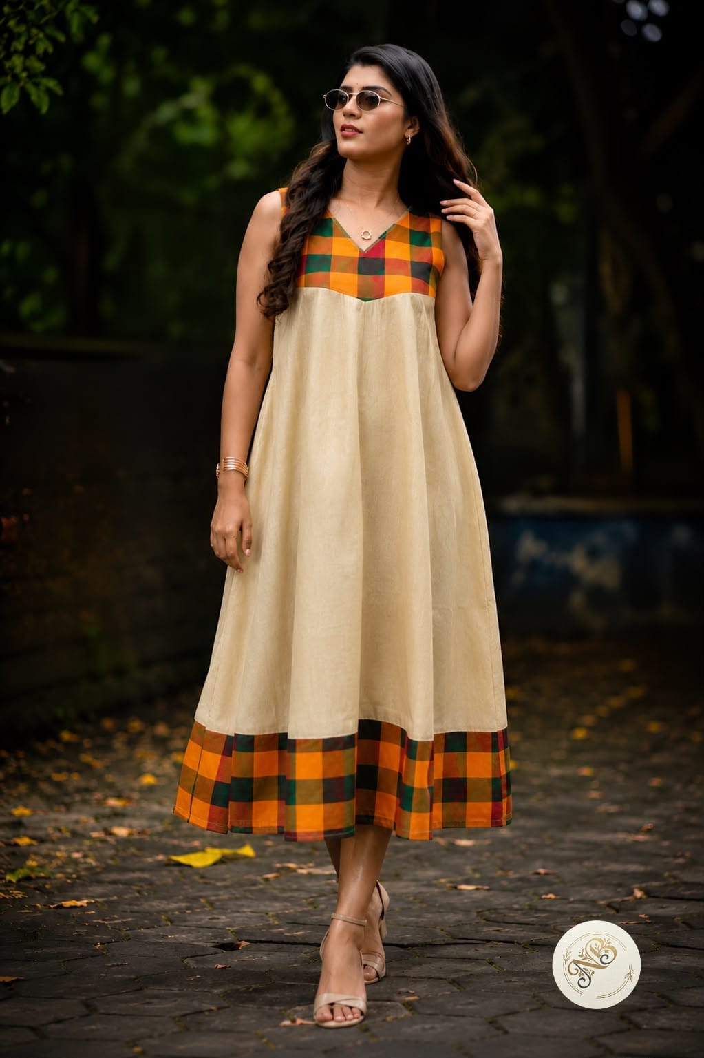 Anbarasi: Stylish Madras Check A-Line Kurti with Lining - 47 Inch