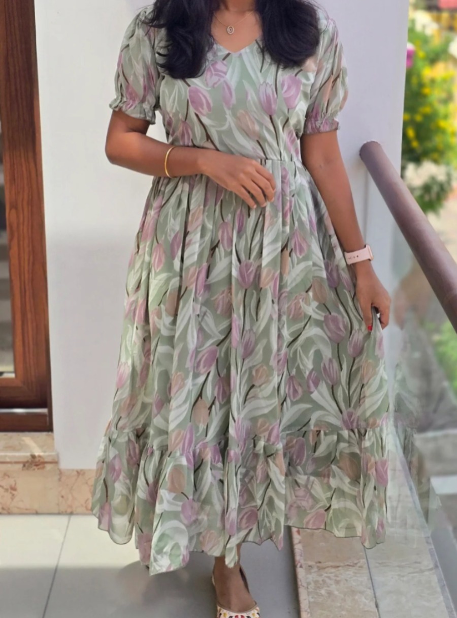 Anbarasi: LYFIX Premium Georgette Maxi Dress | Western Style | Puff Sleeve | Non-Feeding & Feeding Options | S-XXL | Available in Green, Black, White, Rose | Full Lining | 