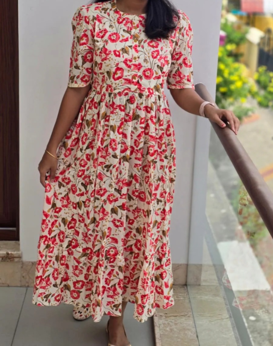 Anbarasi: Jaipur Cotton Western Maxi with Puff Sleeves, Kantha Work & Pocket – Available in S to XXL