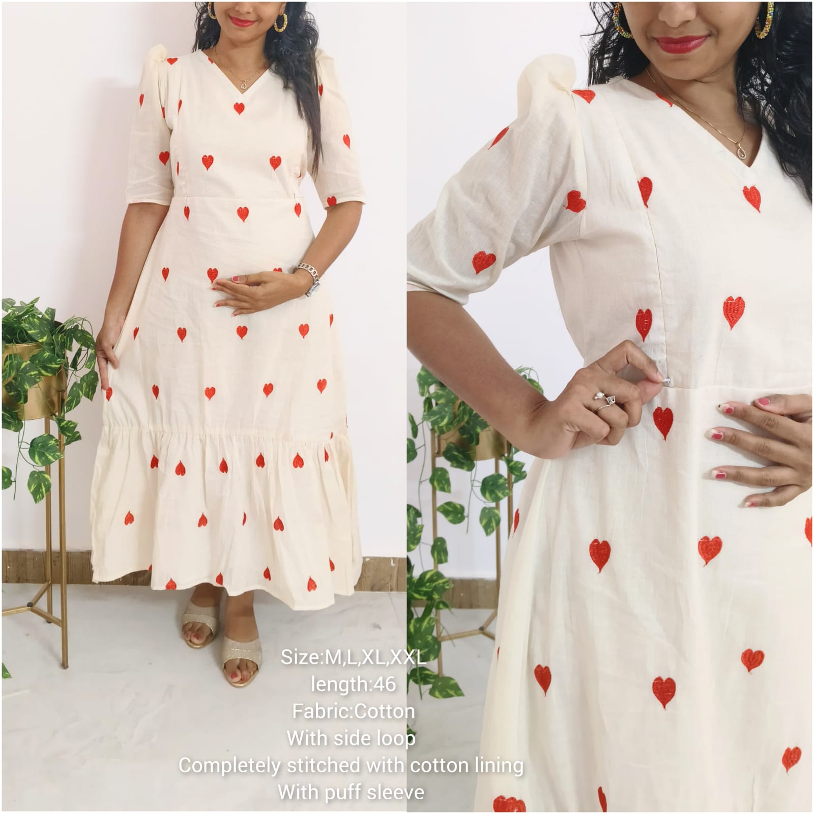 Pure Cotton Red Maternity Dress with Dual Invisible Zips & Embroidered Two-Tier Design - S to XXL