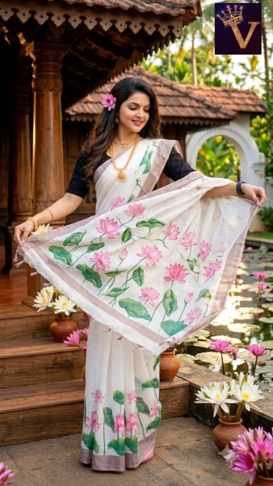 Onam special linen mix saree with lotus print