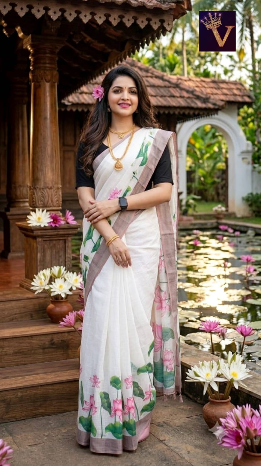 Anbarasi: Onam special linen mix saree with lotus print
