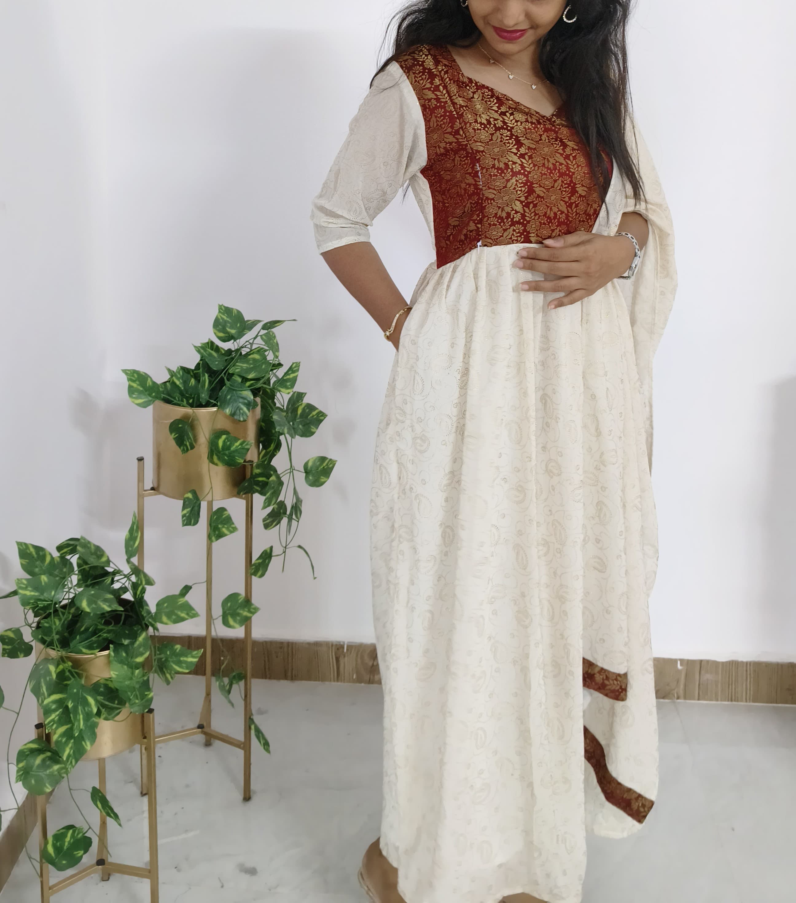 Anbarasi: Onam Special Maroon Dress with Dupatta - Half White, Premium Lining, 48-inch Length, Sizes S to XXL