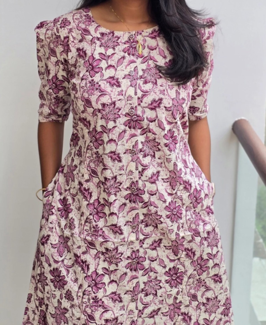 Anbarasi: A-Line Jaipur Cotton Dress with Puff Sleeves & Double Side Pockets – 45-Inch Length, Available in S to XXL