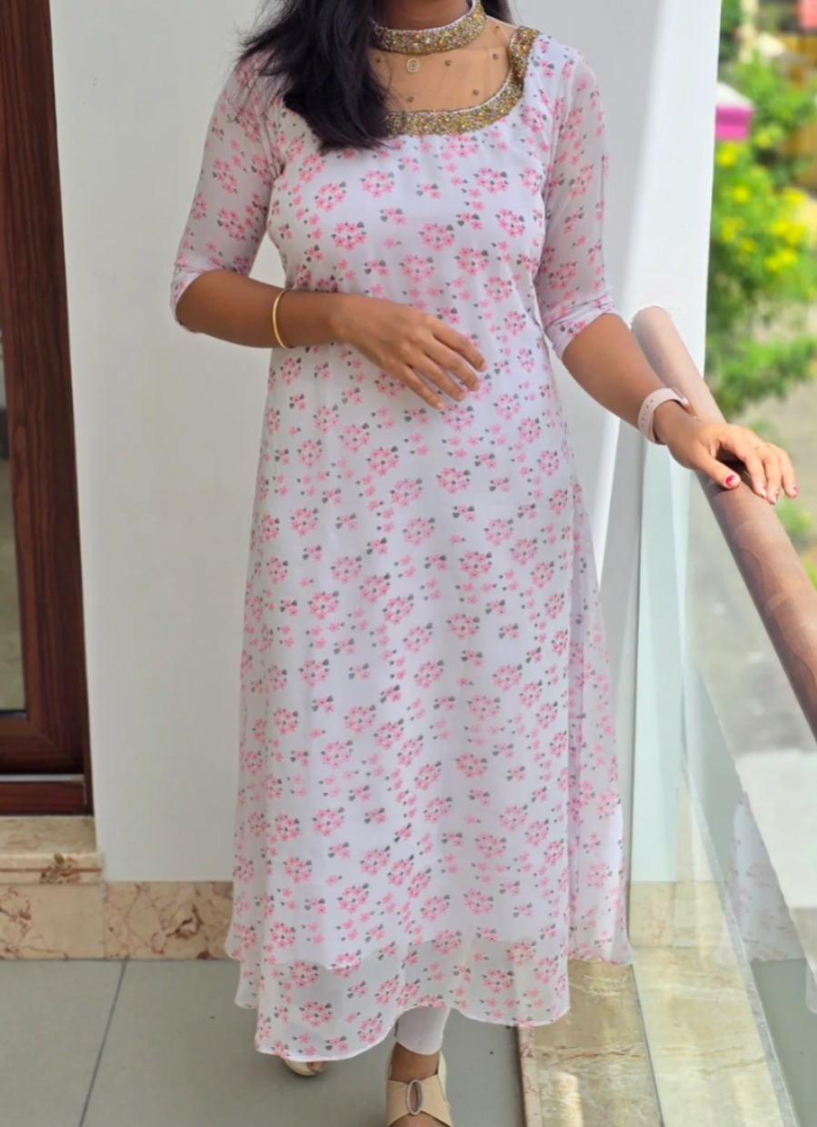 Anbarasi: Jewel Neck Heavy Handwork Kurti | Premium Georgette, Crepe Lining | Sizes S to XXL