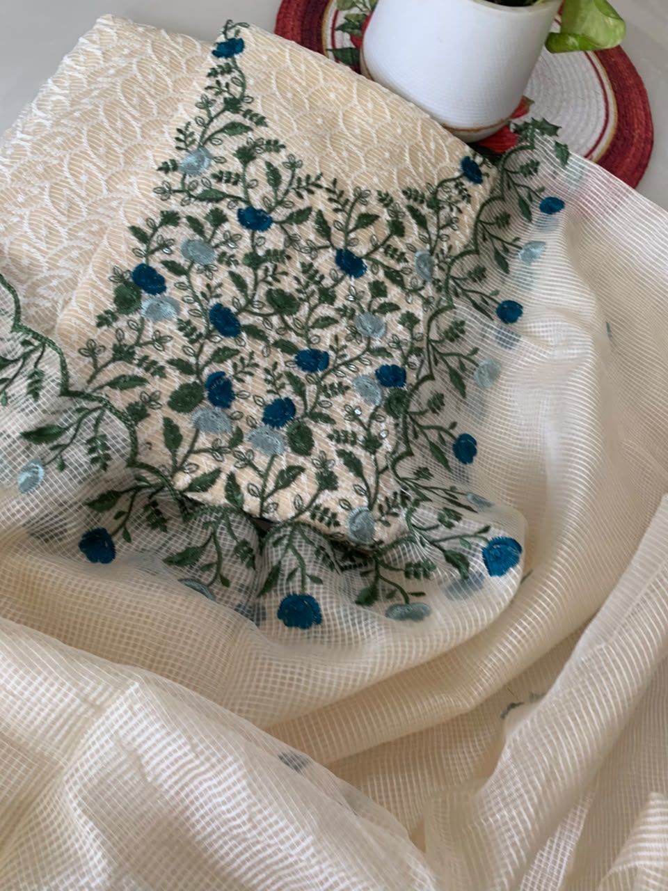 Anbarasi: Heavy Embroidered Kota Top Salwar Material with Semi Silk Bottom & Dupatta