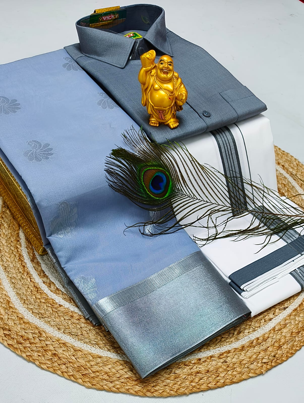 Ellampillai soft silver silk cotton sarees & Cotton dotis,shirts as combo