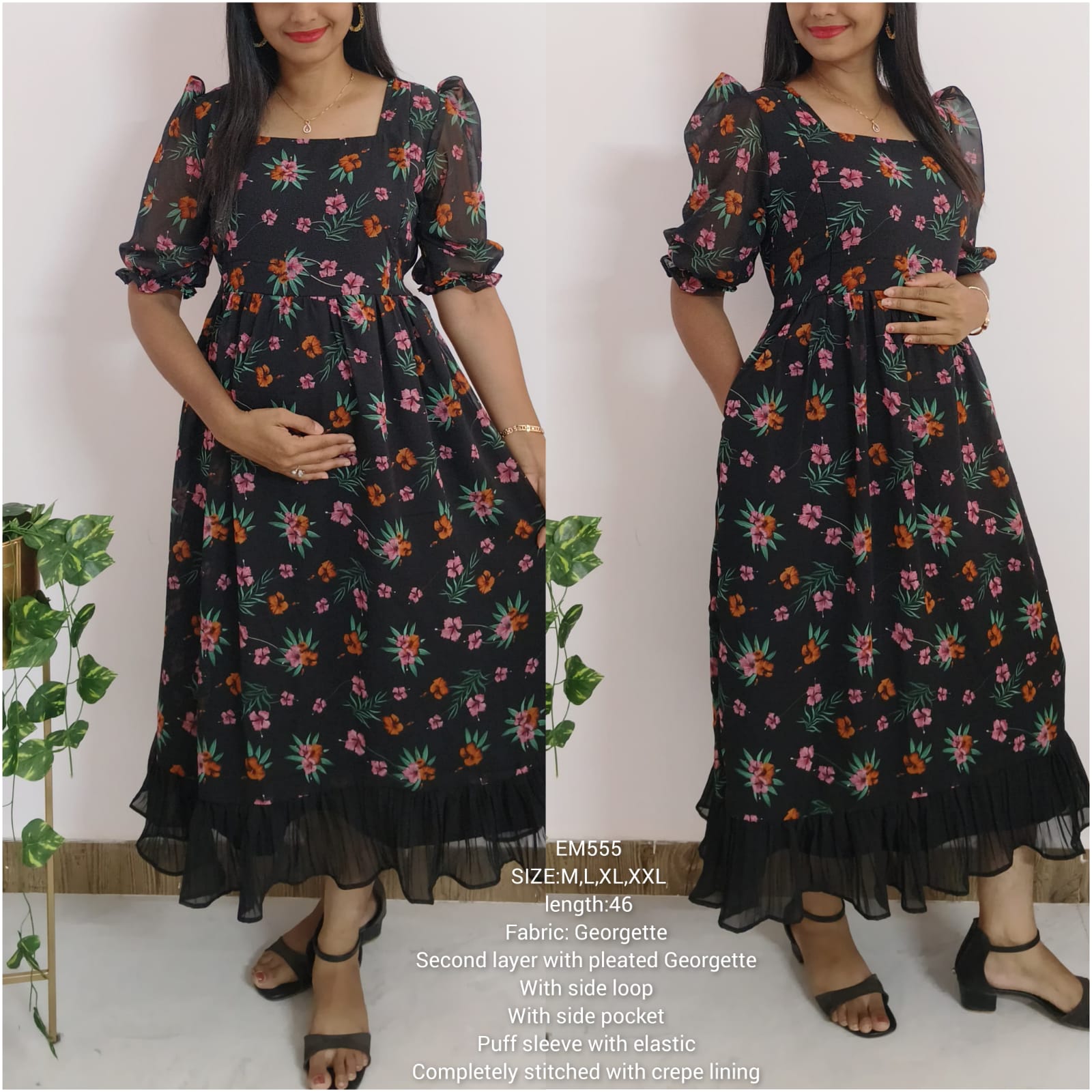 Anbarasi: Black Georgette Floral Maternity Dress | Feeding & Non-Feeding | Invisible Zips & Pleated Bottom | Puff Sleeves & Side Pocket | Sizes S-XXL