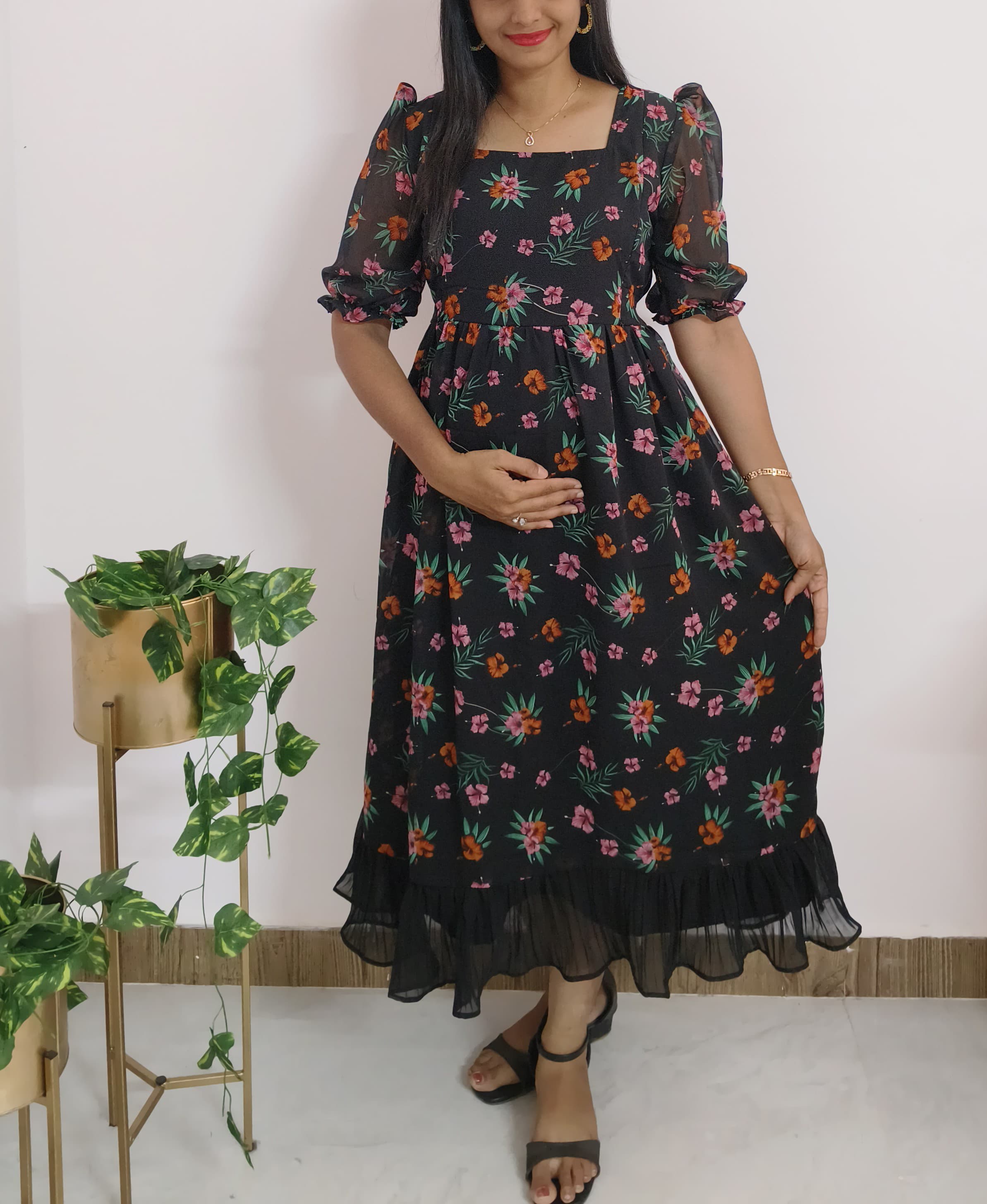 Anbarasi: Black Georgette Floral Maternity Dress | Feeding & Non-Feeding | Invisible Zips & Pleated Bottom | Puff Sleeves & Side Pocket | Sizes S-XXL