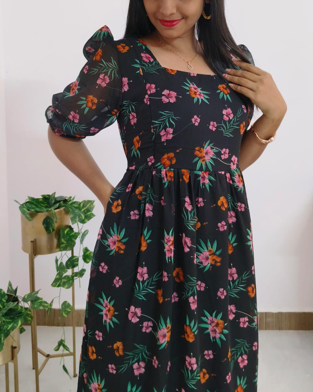 Anbarasi: Black Georgette Floral Maternity Dress | Feeding & Non-Feeding | Invisible Zips & Pleated Bottom | Puff Sleeves & Side Pocket | Sizes S-XXL