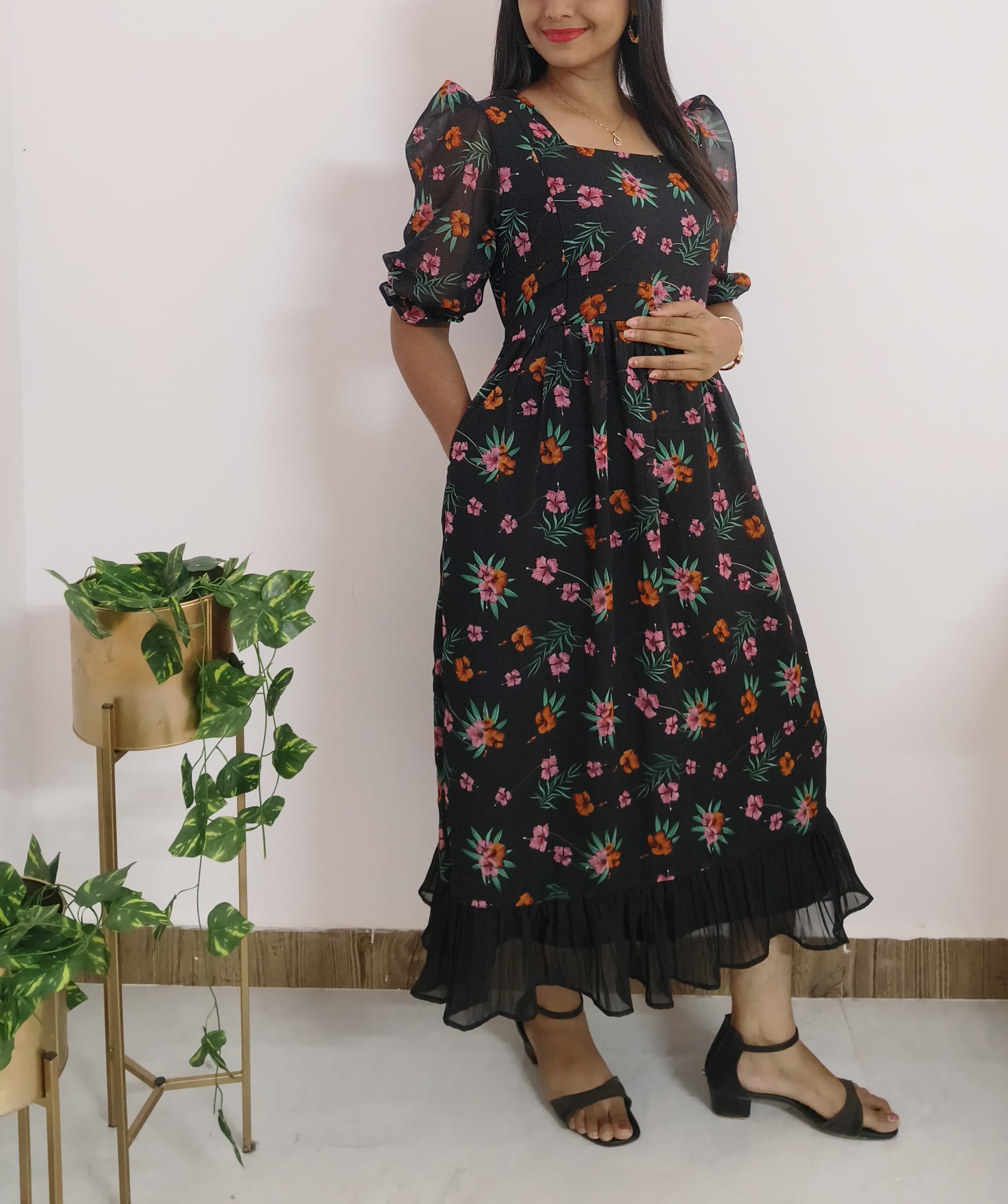 Anbarasi: Black Georgette Floral Maternity Dress | Feeding & Non-Feeding | Invisible Zips & Pleated Bottom | Puff Sleeves & Side Pocket | Sizes S-XXL