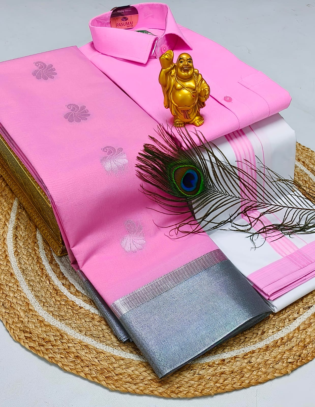 Ellampillai soft silver silk cotton sarees & Cotton dotis, shirts as combo