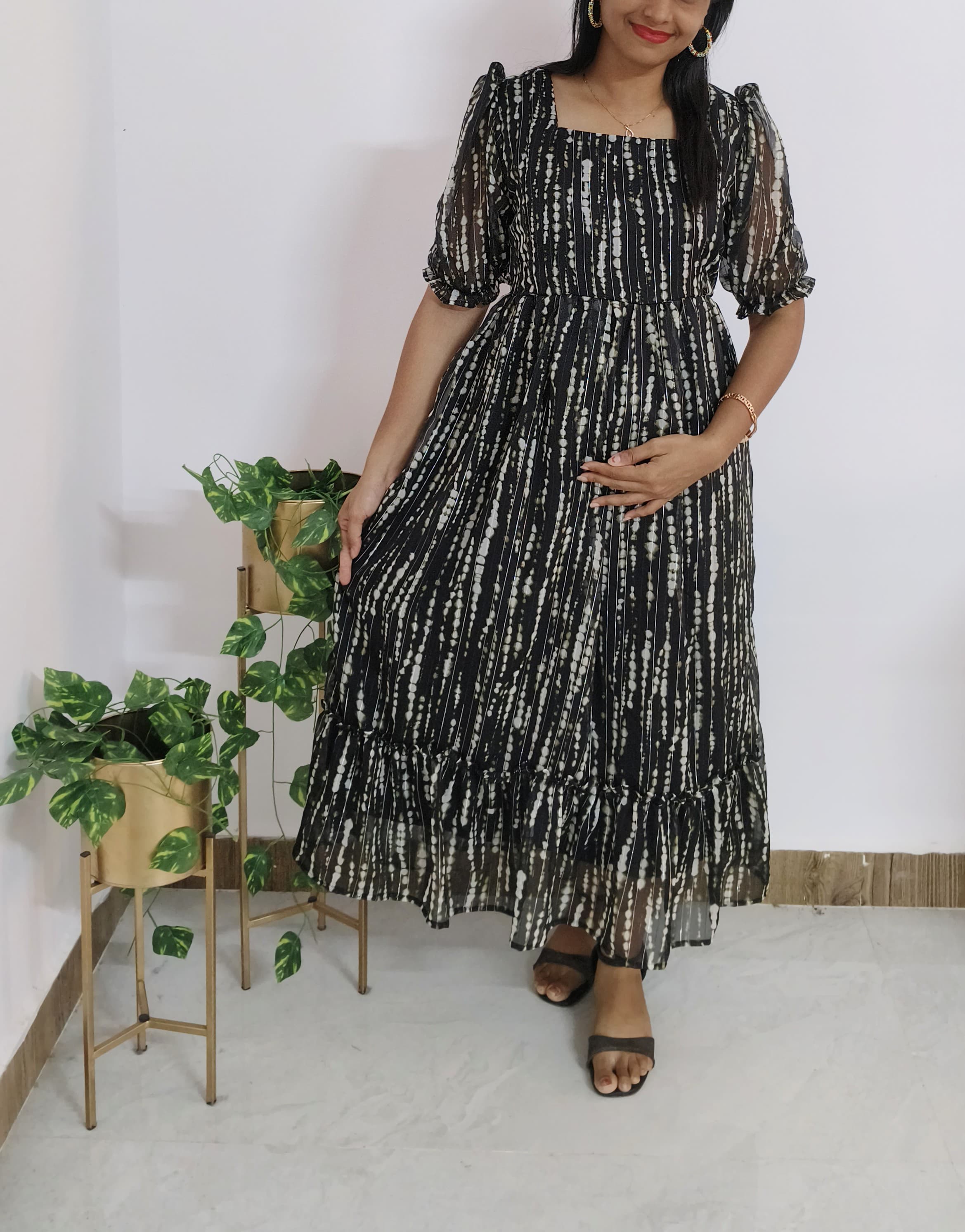 Anbarasi: Chiffon Maternity Dress with Invisible Zips, Pockets & Full Lining | Elbow Puff Sleeve | Feeding & Non-Feeding - S to 3XL