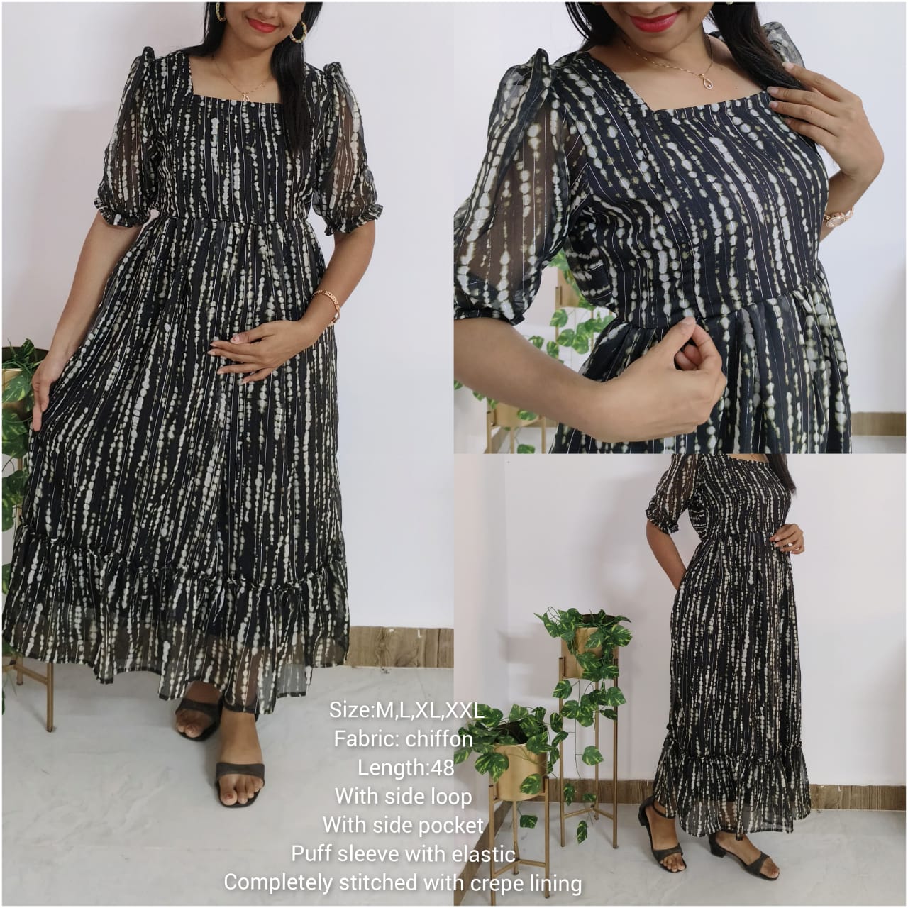 Anbarasi: Chiffon Maternity Dress with Invisible Zips, Pockets & Full Lining | Elbow Puff Sleeve | Feeding & Non-Feeding - S to 3XL