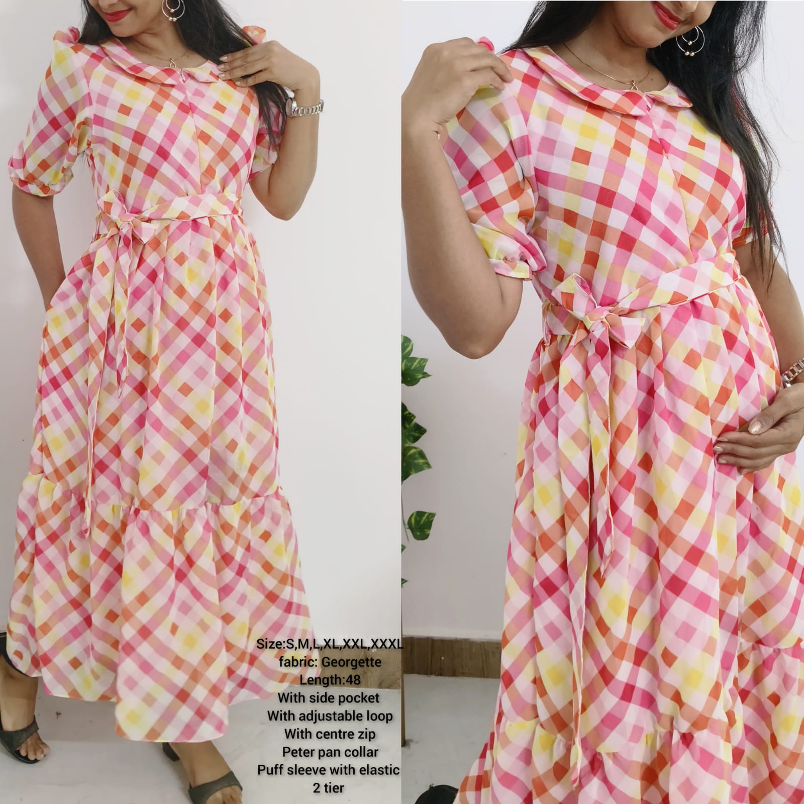 Georgette Checks Feeding Dress with Full Crepe Lining & Centre Zip | Stylish Women's Feeding Wear