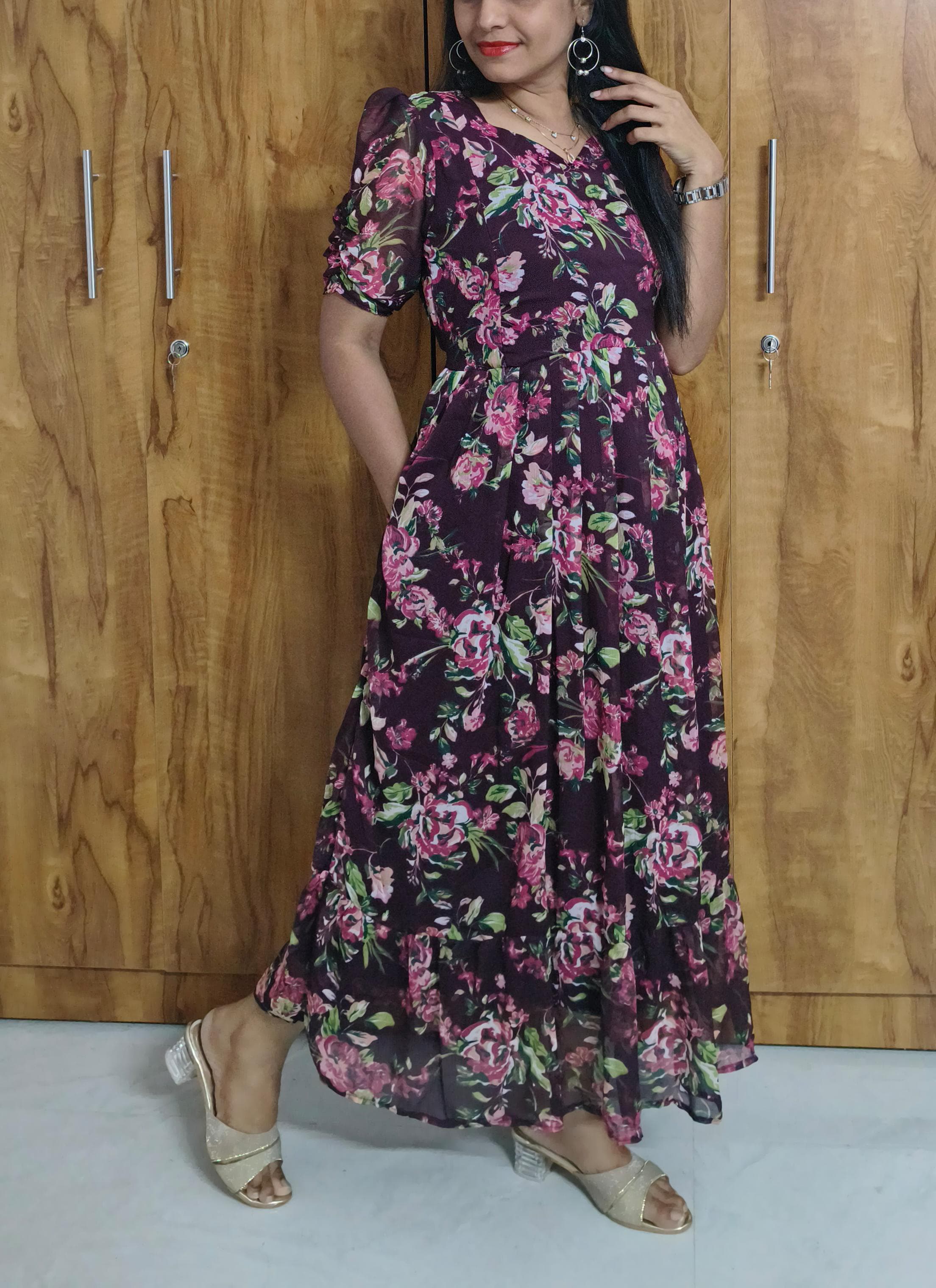 Chiffon Maternity & Feeding Dress with Pocket and Invisible Zips