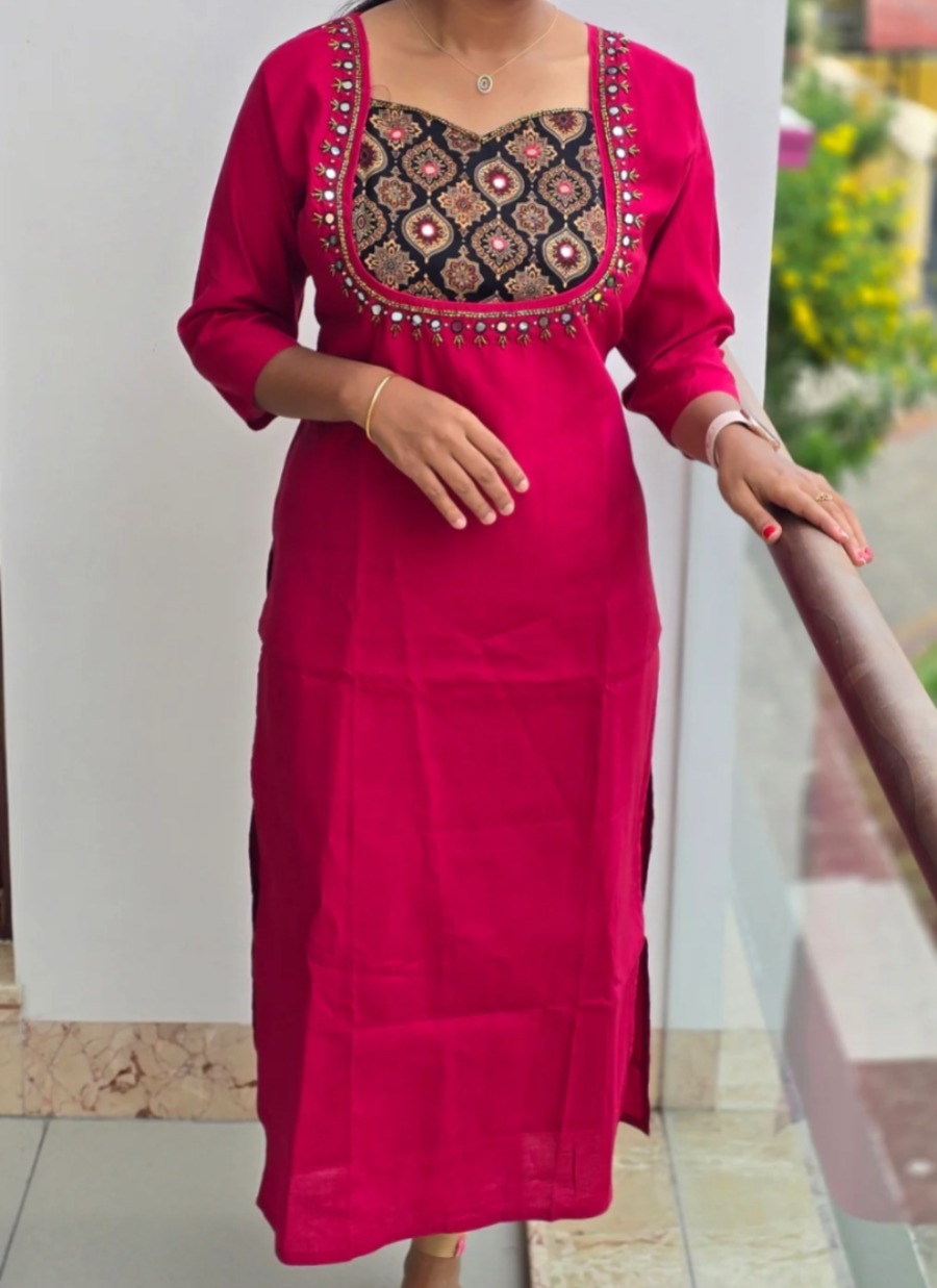 Anbarasi: Roman Silk Straight Cut Kurti with Full Lining and Detailed Handwork - 45 Inch Length, Available in S to XXL