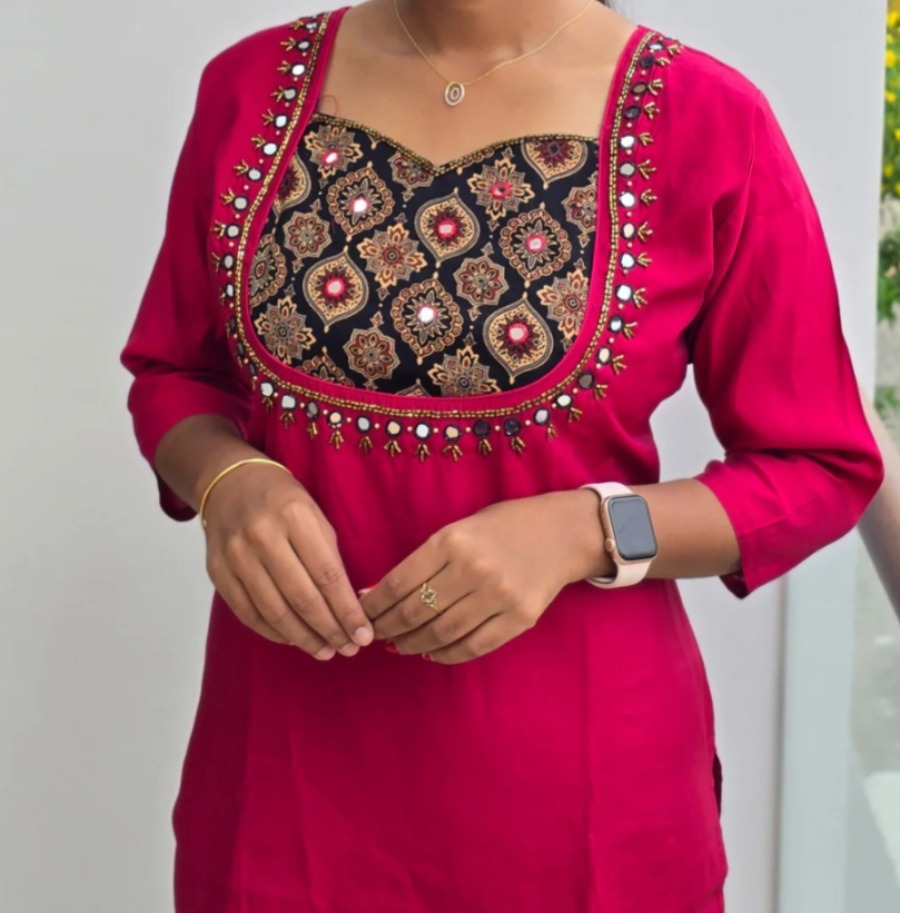 Anbarasi: Roman Silk Straight Cut Kurti with Full Lining and Detailed Handwork - 45 Inch Length, Available in S to XXL