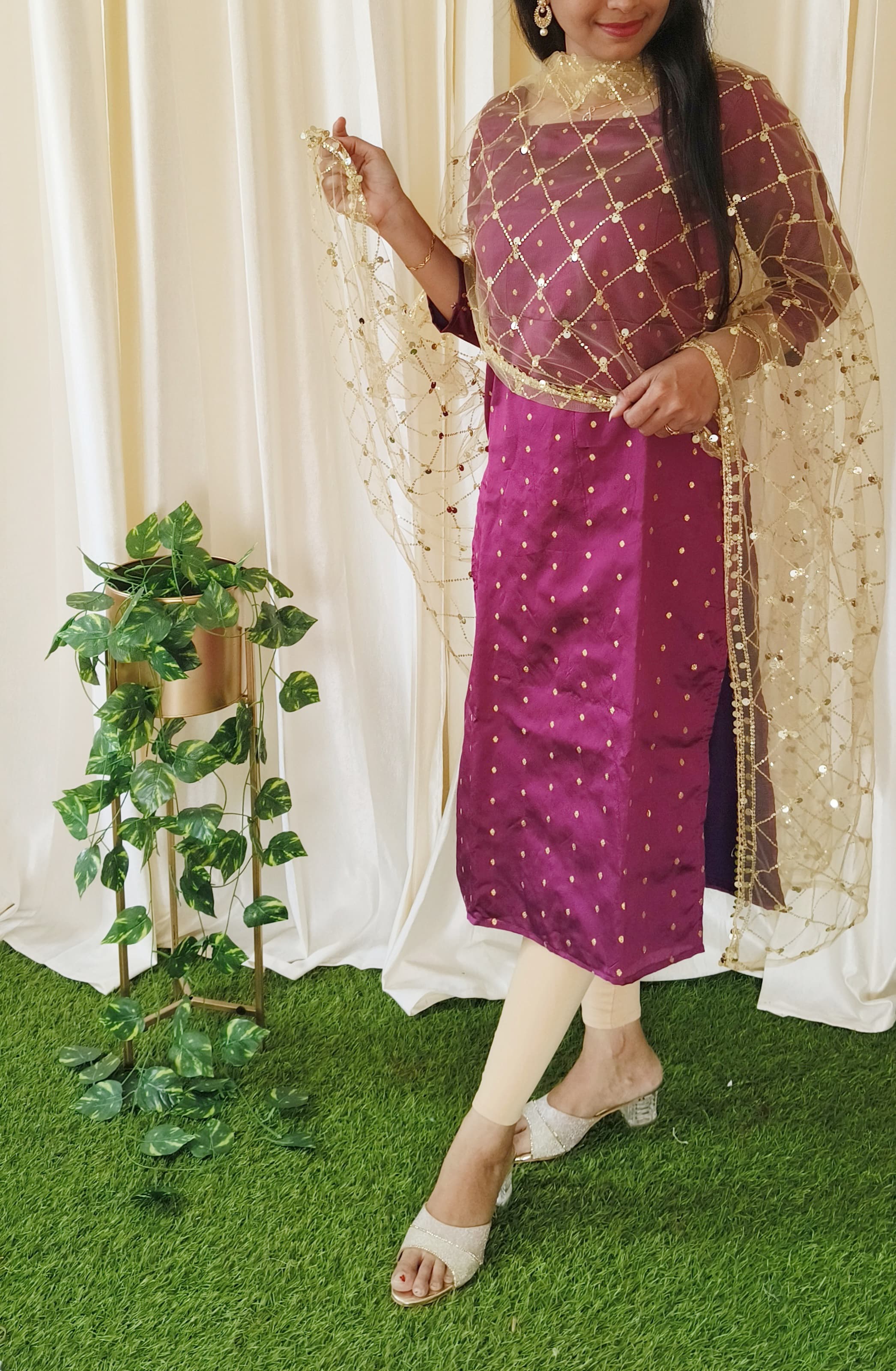 Anbarasi: Maroon & Wine Butta Silk Maternity Feeding Festive Wear with Netted Sequin Dupatta | Sizes M - XXL