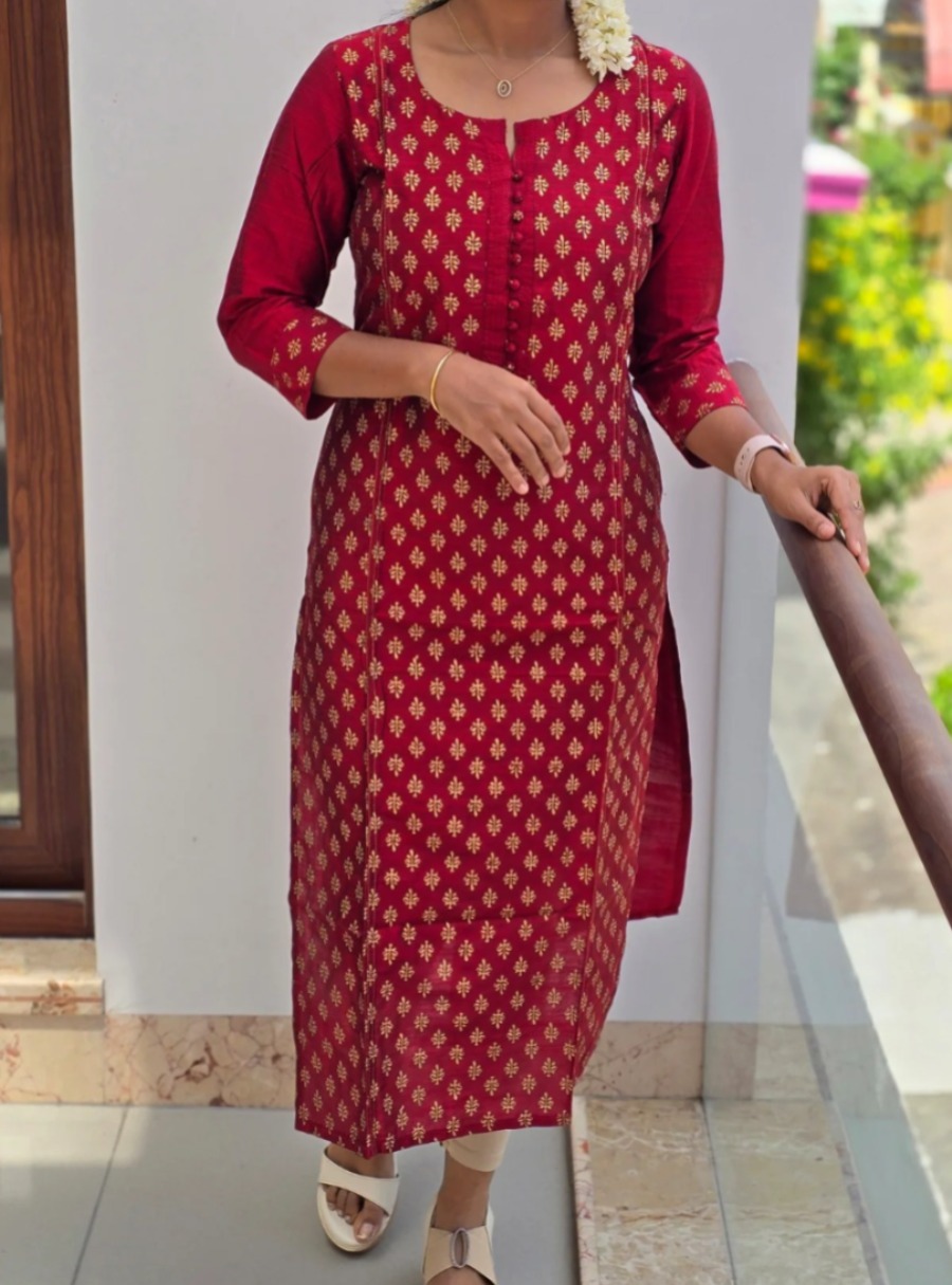 Anbarasi: Straight Cut Silk Cotton Kurti with Embroidery - 44 Inch, S to XXL