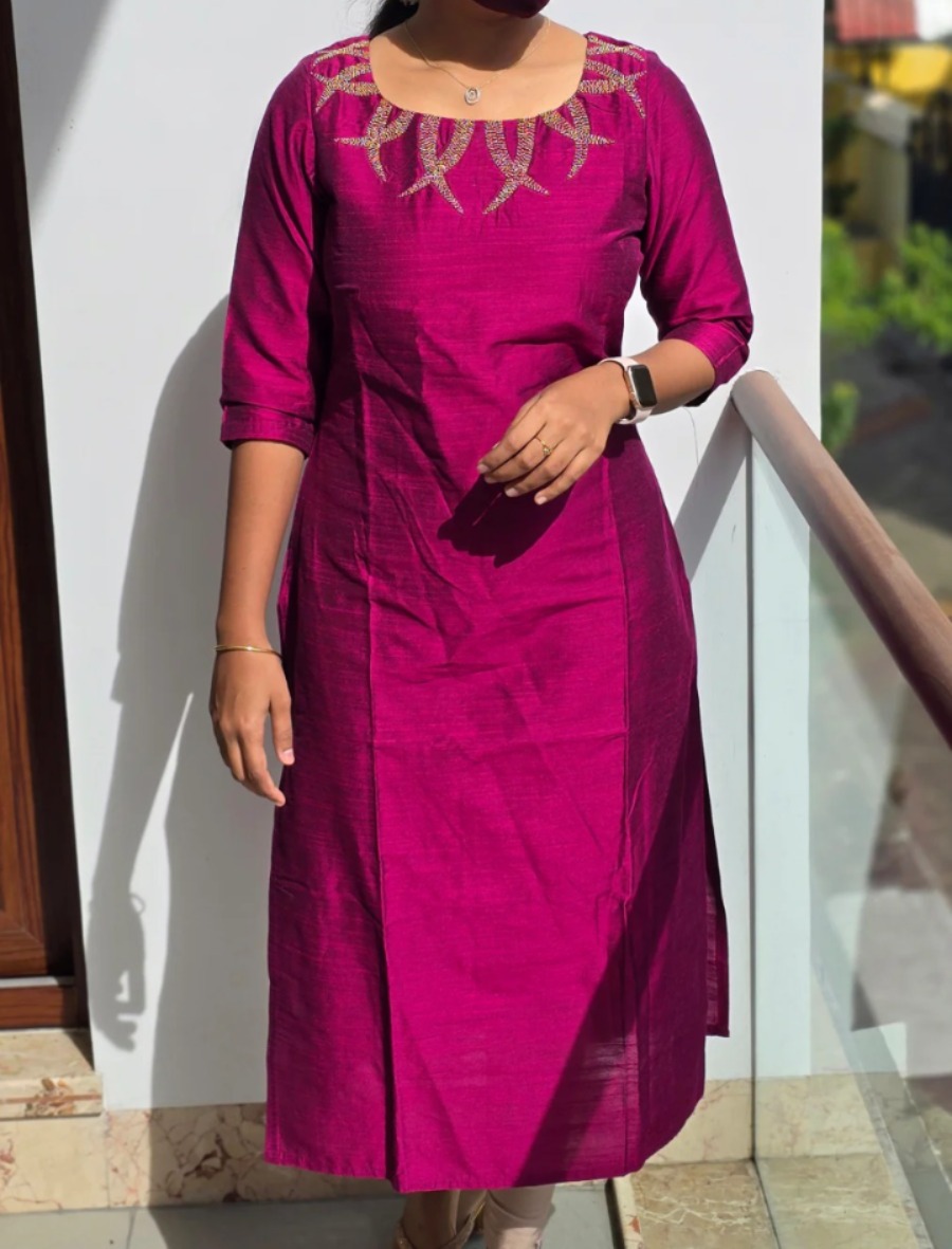 Anbarasi: Silk Cotton Straight Cut Kurti with Side Slit and Heavy Handwork - 44 Inch Height, Full Lining, Available in S to XXL (Dispatch Time: 20-25 Days)