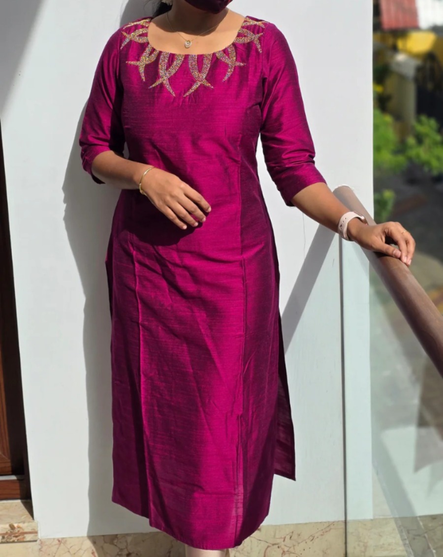 Anbarasi: Silk Cotton Straight Cut Kurti with Side Slit and Heavy Handwork - 44 Inch Height, Full Lining, Available in S to XXL (Dispatch Time: 20-25 Days)