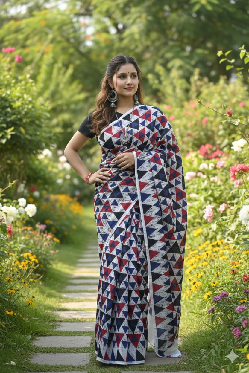 Pure mulmul cotton saree with contrast blouse 
