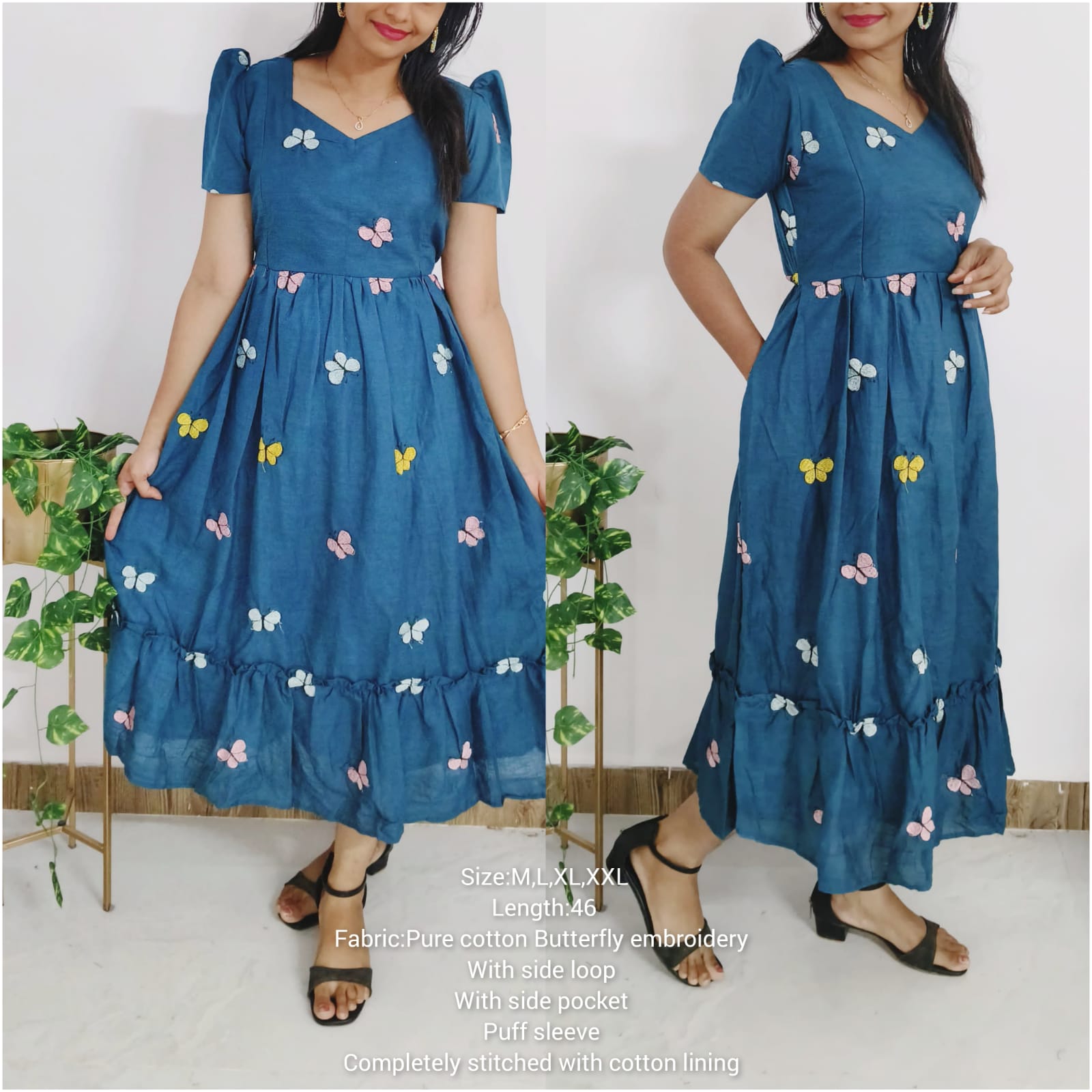 Anbarasi: Maternity-Friendly Butterfly Embroidery Dress - Pure Cotton with Pockets & Invisible Side Zips, Feeding & Non-Feeding with Pockets, Sizes S to XXL