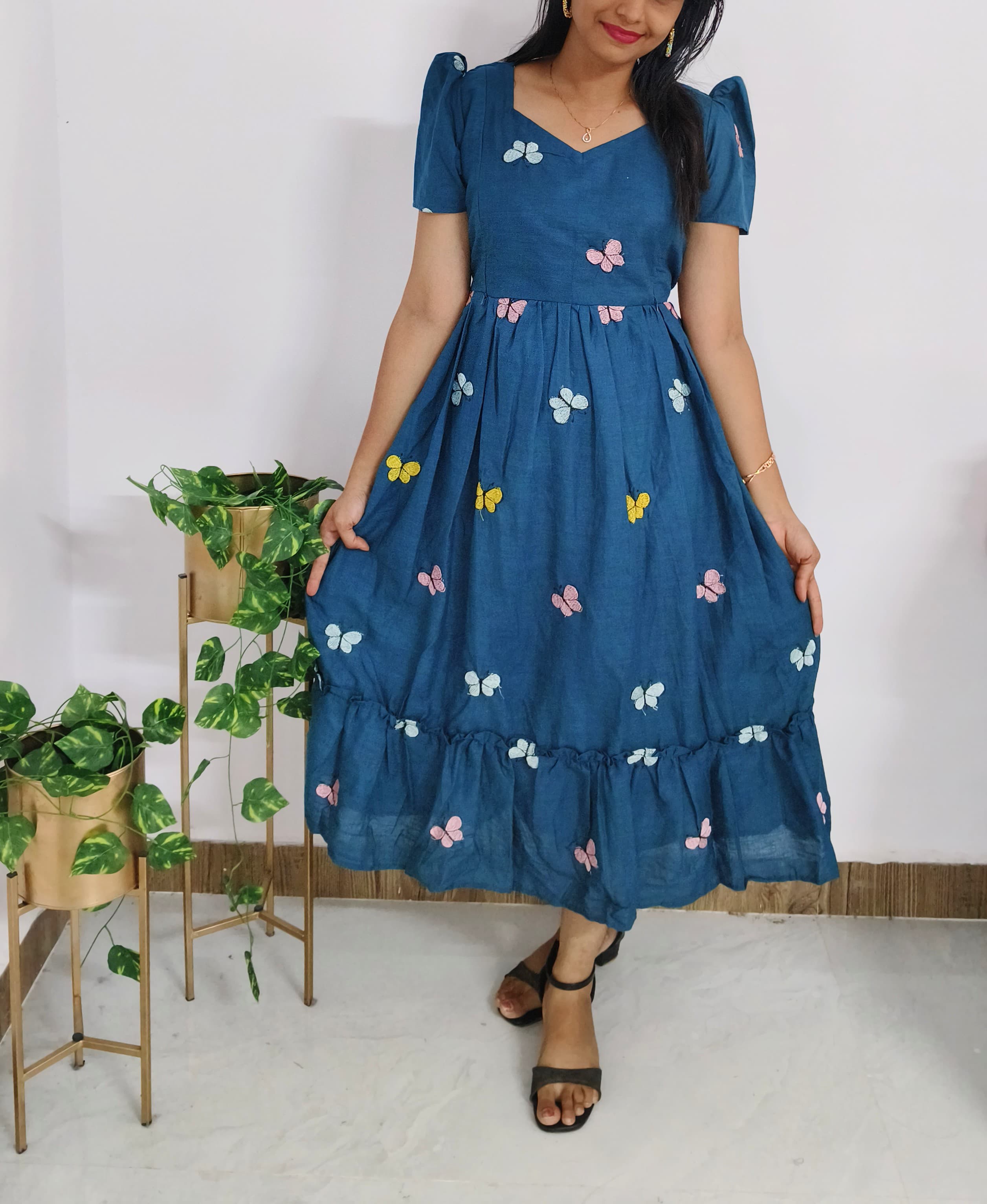 Anbarasi: Maternity-Friendly Butterfly Embroidery Dress - Pure Cotton with Pockets & Invisible Side Zips, Feeding & Non-Feeding with Pockets, Sizes S to XXL