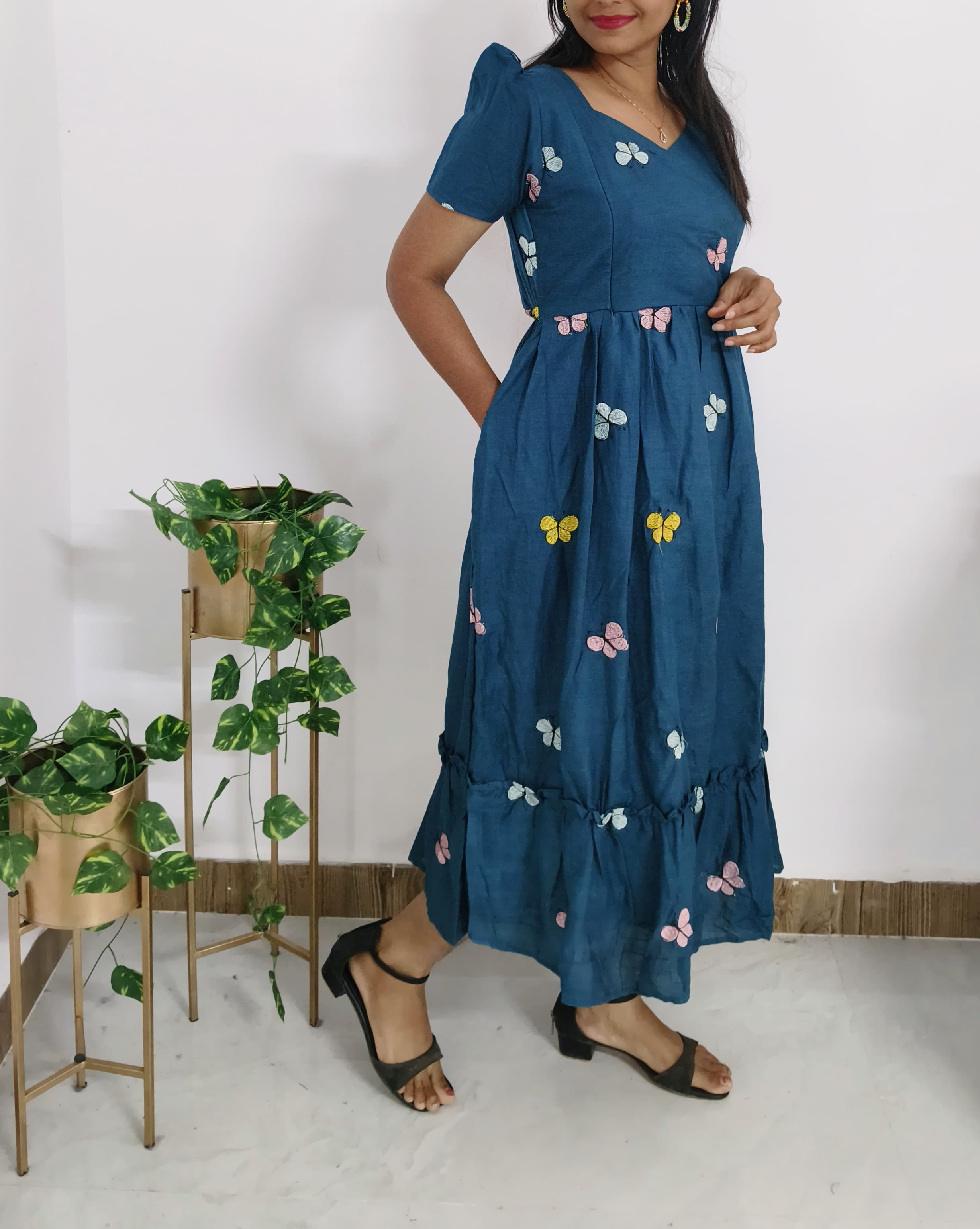 Anbarasi: Maternity-Friendly Butterfly Embroidery Dress - Pure Cotton with Pockets & Invisible Side Zips, Feeding & Non-Feeding with Pockets, Sizes S to XXL