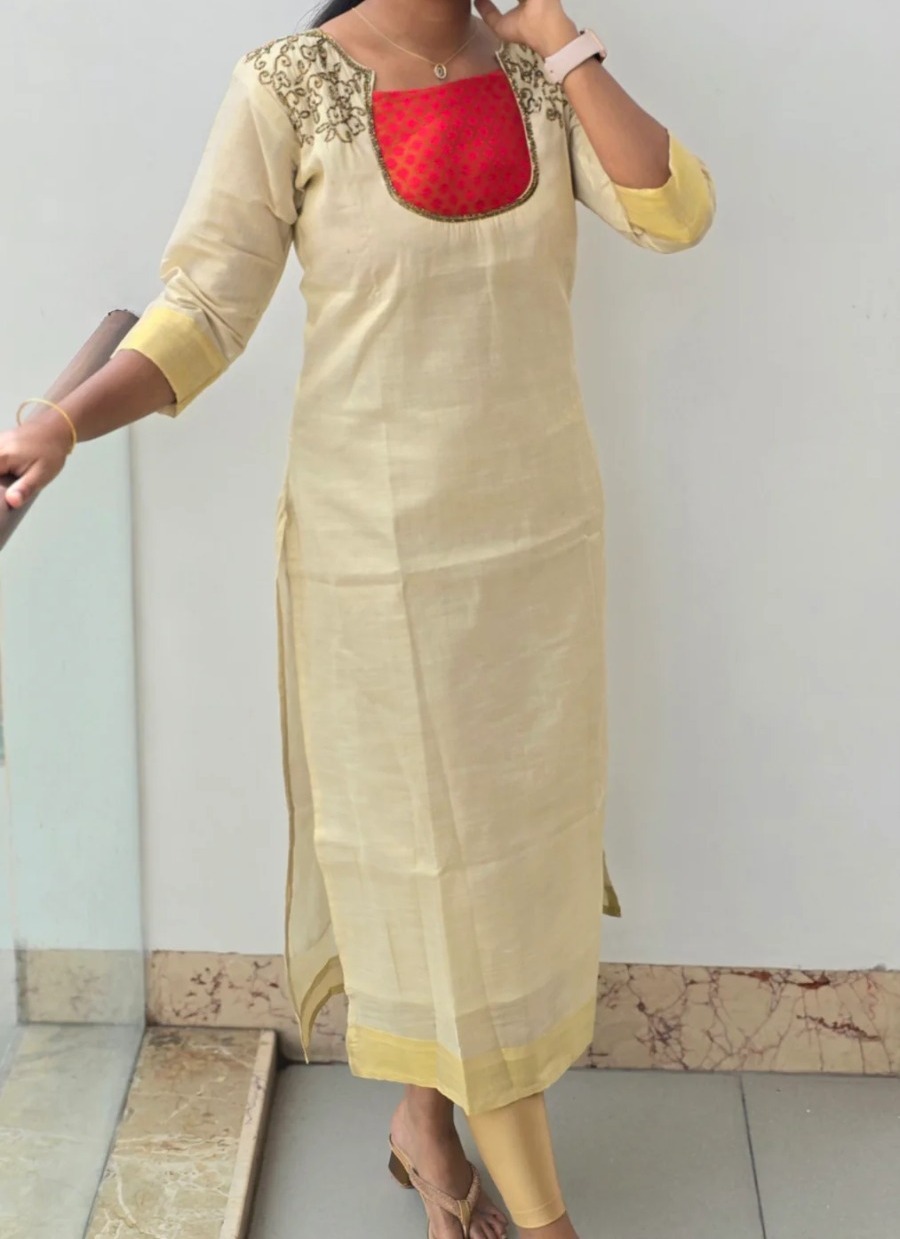 Anbarasi: Straight Cut Silk Cotton Kurti with Elbow Sleeves & Full Lining - 46-Inch Height, Sizes M to XXL