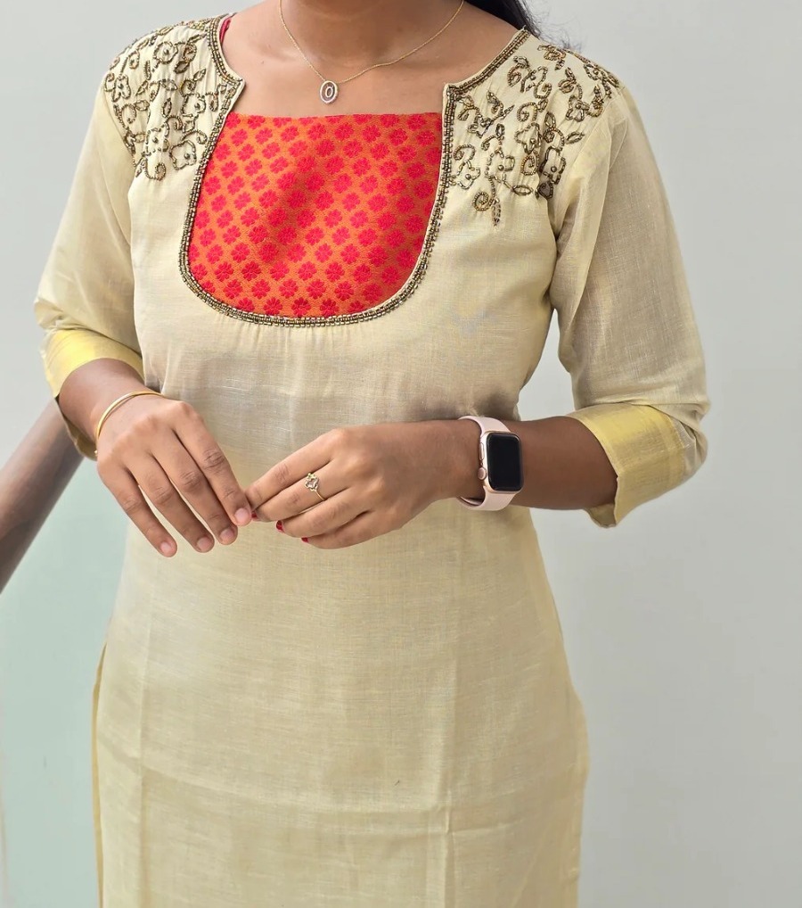 Anbarasi: Straight Cut Silk Cotton Kurti with Elbow Sleeves & Full Lining - 46-Inch Height, Sizes M to XXL